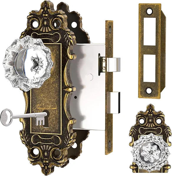 CEYMIO Antique Door Knobs Interior Mortise Lock Bronze Door Knob Crystal Glass Door Handle Skeleton Key Vintage Door Locks for Bedrooms Bathroom