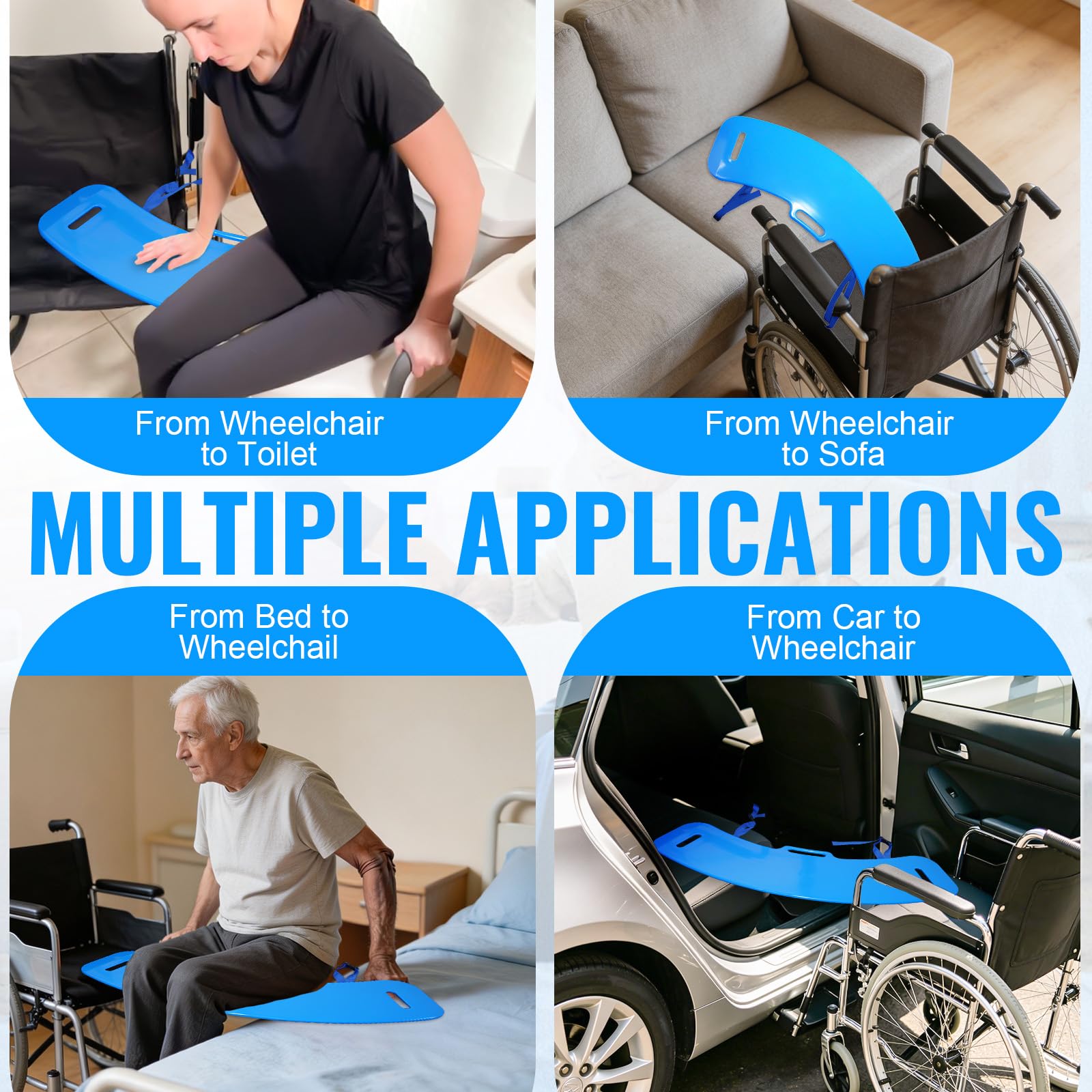 Slide Transfer Board – Transferencia de pacientes de silla de ruedas a cama, inodoro, bañera y coche – Con práctica asa (azul)