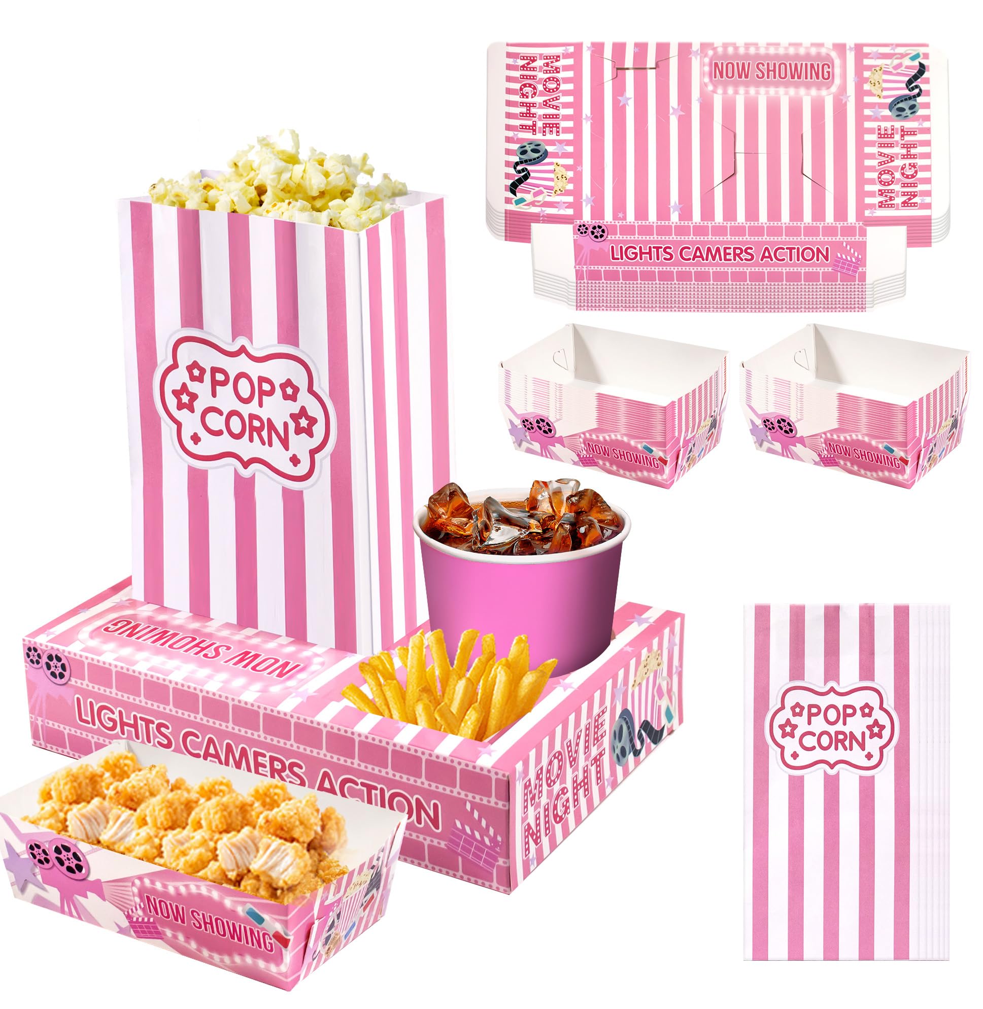 Pink Movie Night Party Supplies: 24 Snack Boxes, 12 Food Trays, 12 Popcorn Bags – Cute Disposable Snack Holders for Girls' Night, Birthday Party, or Home Theater