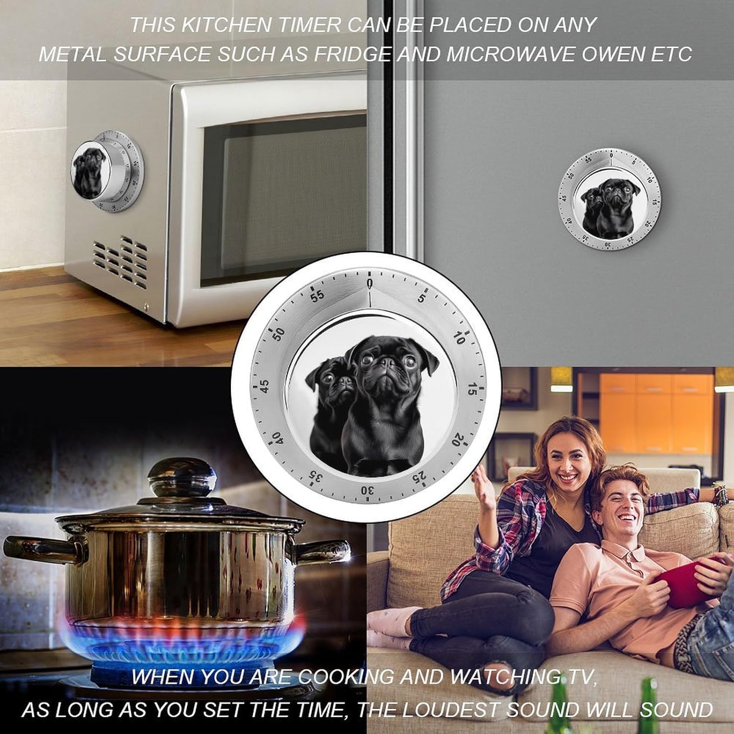 Cute Black Pug Dog Timer Stainless Steel Kitchen Timers Waterproof & Rust-Proof 60 Minute Mechanical Timer with Loud Alarm for Cooking, Baking, Fitness