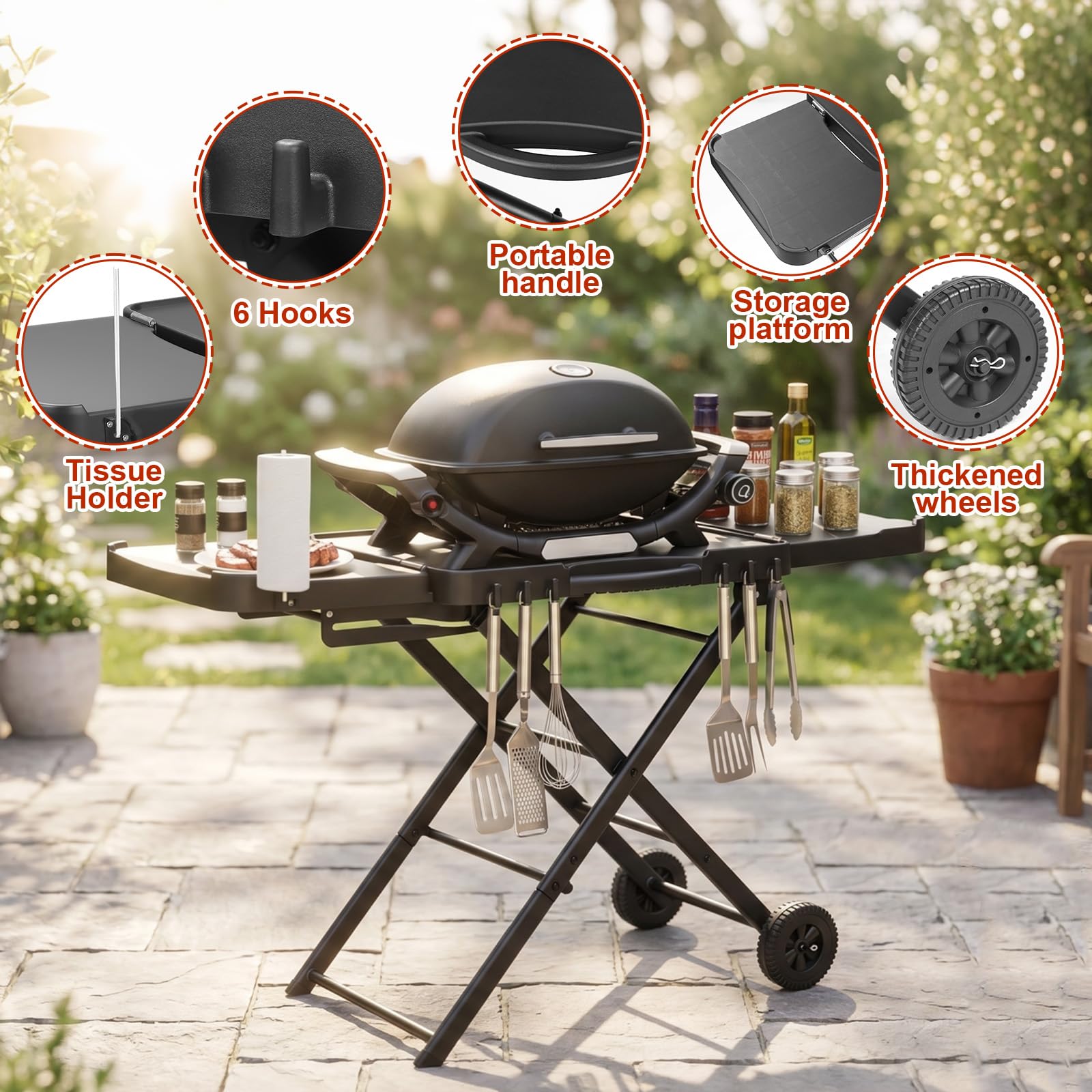 Denmay Carro de mesa para Weber Q100 Q200 Q300 Serie, Enders Urban, Nexgrill, Ninja Woodfire Grill, horno de pizza, Solo Stove, Burnhard Wayne, soporte de parrilla con ruedas para la mayoría de las