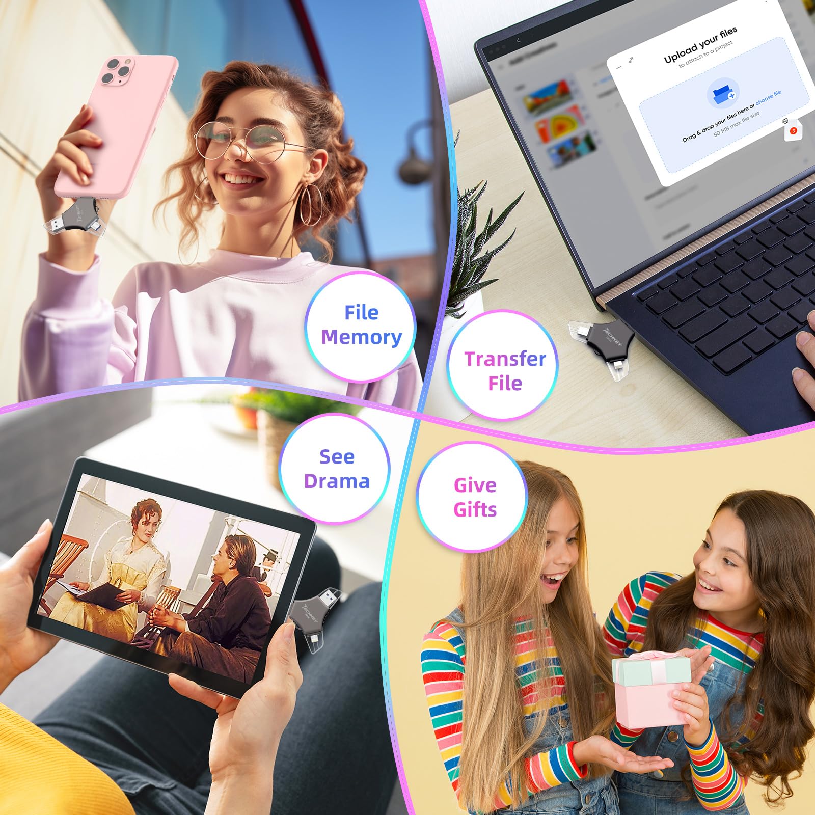 Chiavetta USB 3.0 certificata MFi da 256 GB per iPhone, memoria esterna 3 in 1 per foto, video, salvataggio dati, backup, ad alta velocità, per iPad/Android/PC (nero)