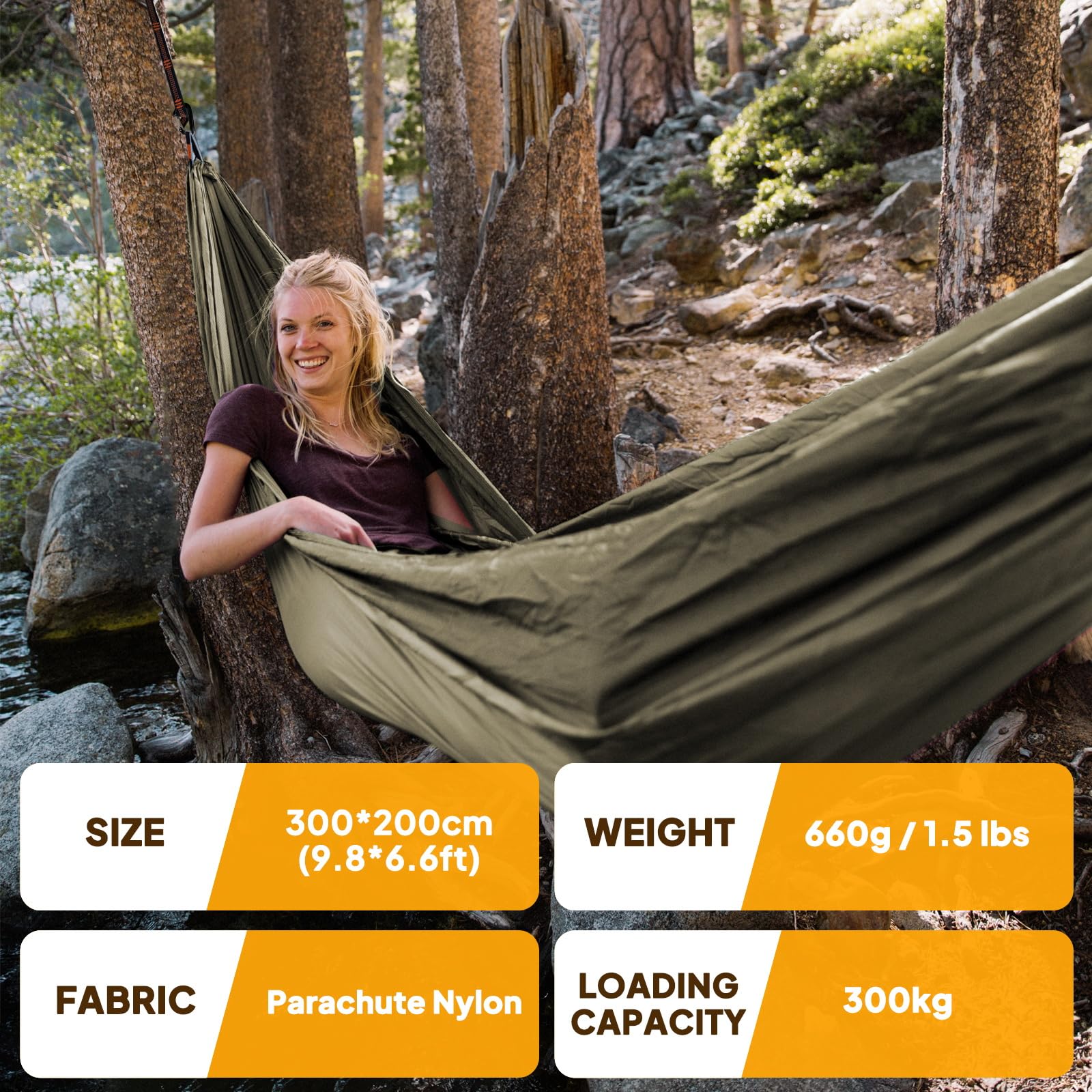 NATUREFUN Amaca da Campeggio da Viaggio Ultraleggera | capacità di Carico 300kg | (300x200 cm) Traspirante, Nylon da Paracadute | 2x Moschettoni Premium,2x Corde in Nylon Incluse | Interno Esterno