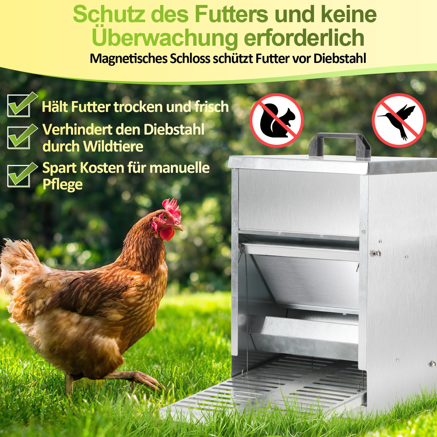 Comedero automático para gallinas, 5 kg, con pedal automático, alimento para pollos para aves de corral, accesorio ideal para pollos, resistente al agua y a prueba de ratas, galvanizado