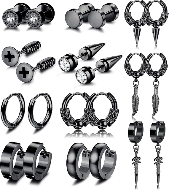 ADRAMATA 11 Pairs Mens Earrings Black Silver Stainless Steel Earrings Plugs Screw Studs Earrings Punk Dangle Earrings Set Kpop Fashion Earrings Black Earrings for Men Women