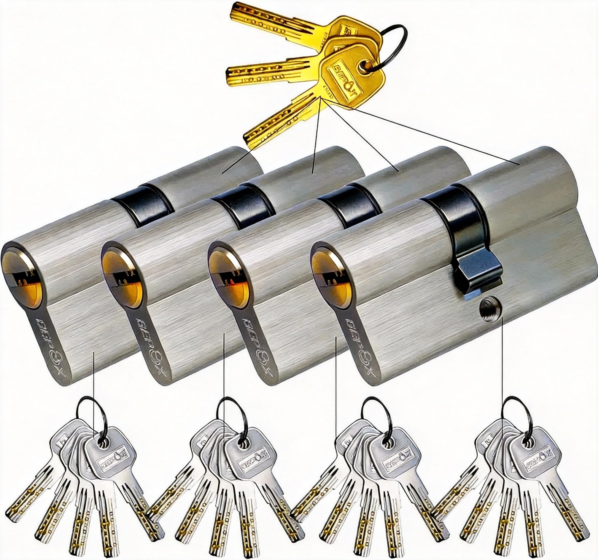 SEPOX Master Key System: 4 Pack 60mm (30/30) Euro Double Lock Cylinder, Control by Master Key, High Security 6-Pin Brass Cylinders for Front Door, Office, Airbnb & Property Management (Brushed Nickel) โ image 1