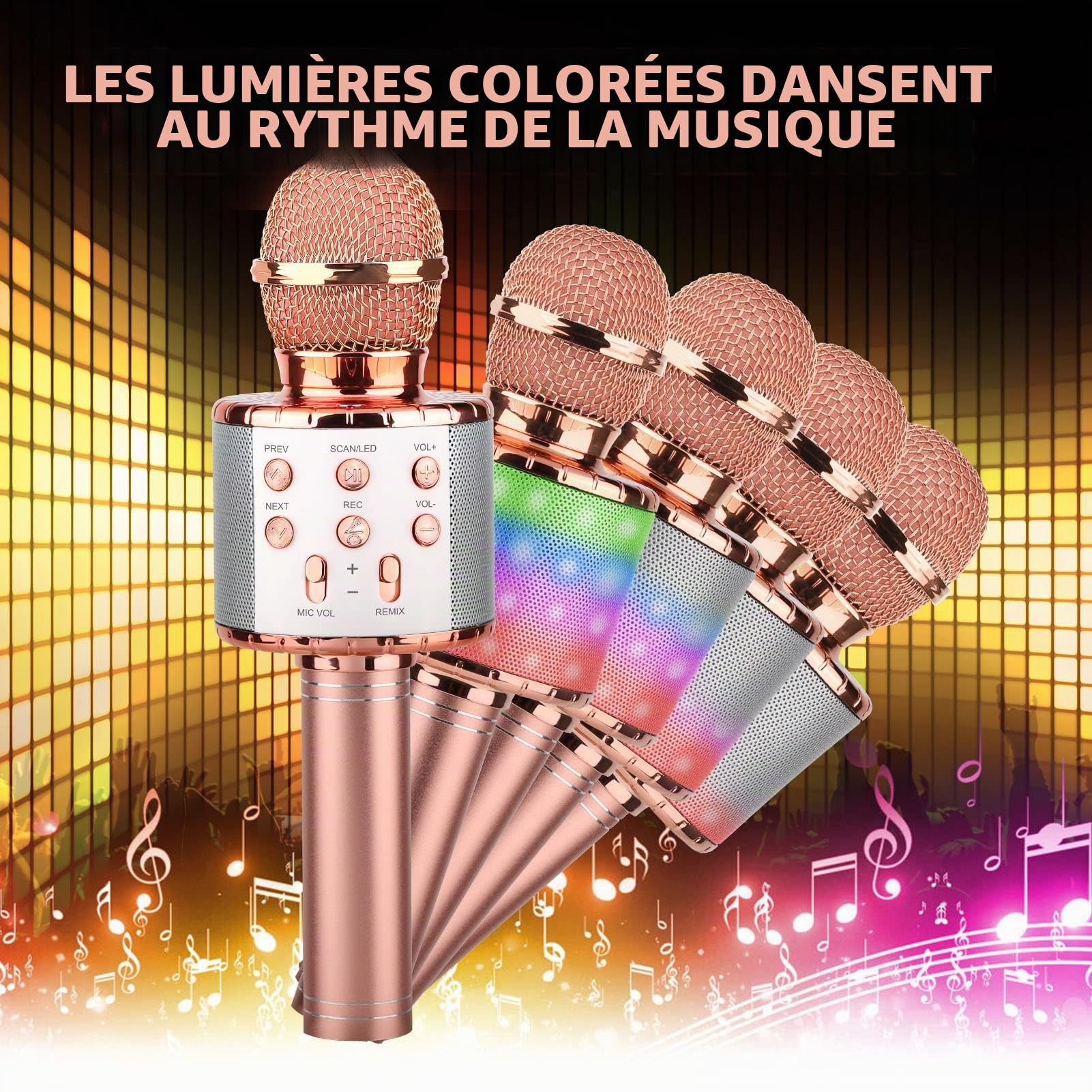 ShinePick Microphone Karaoke sans Fil, Micro Karaoké Bluetooth Portable avec LED Lumière Disco pour Enfants/Adultes Chanter, Compatible avec Android/iOS/PC/Smartphone (Or Rose)