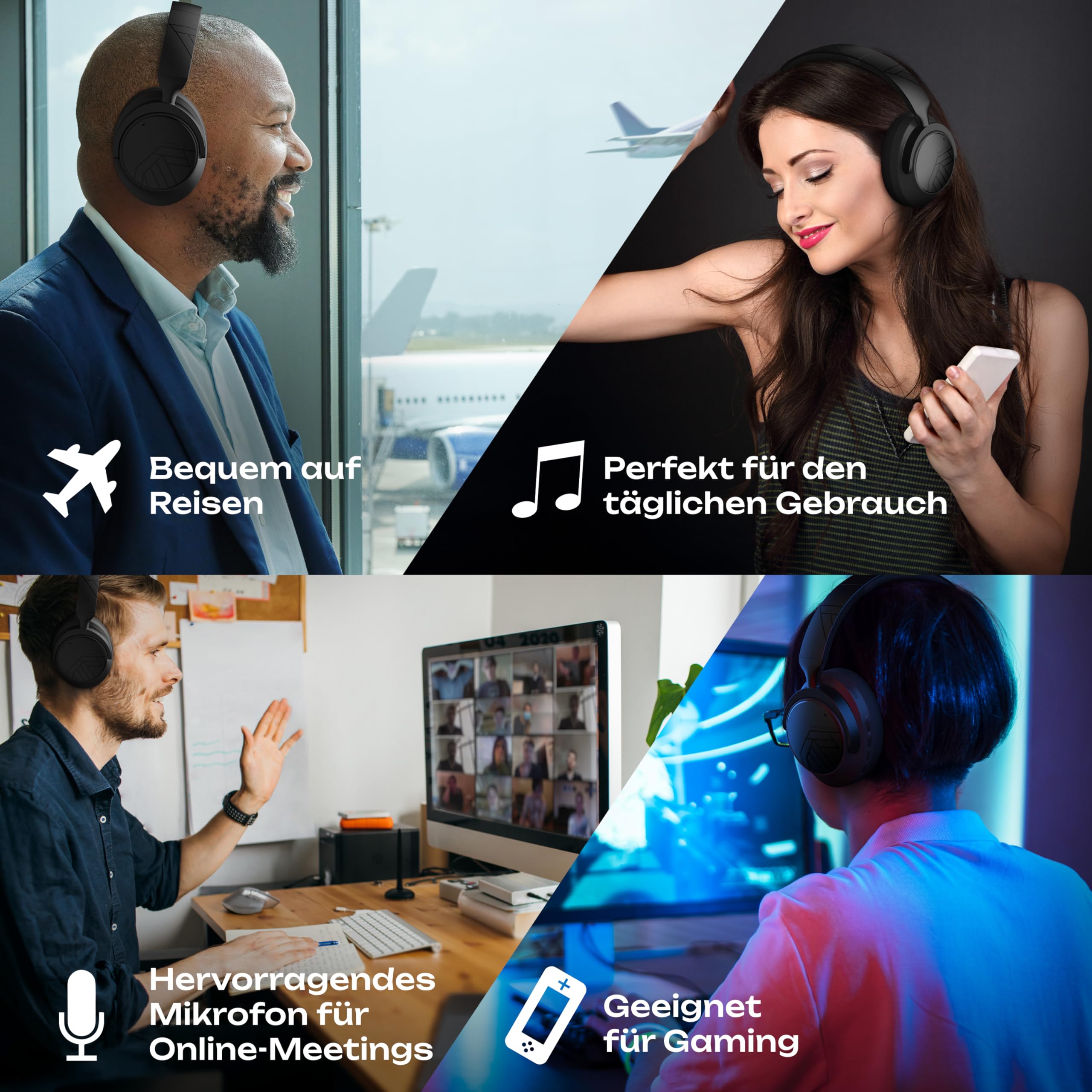 PowerLocus Over-Ear Kopfhörer Kabellos Bluetooth, Hybrid Active Noise Cancelling Kopfhörer, 70+ std. Akku, Hi-Fi Stereo Klang, Faltbar, MultiPoint, Mikrofon, Mit Hartschalen-Tasche (Schwarz)