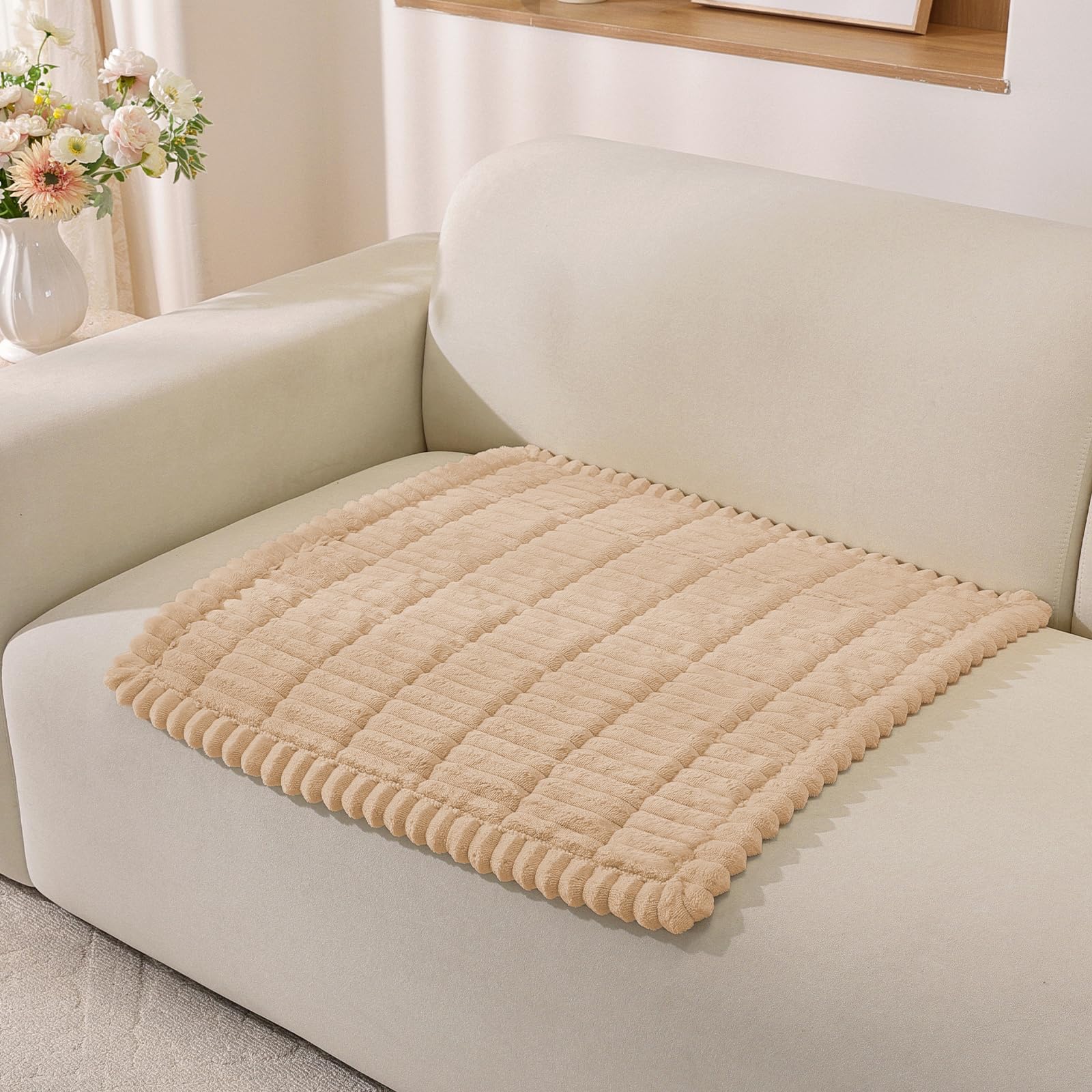 MAXIJIN Flannel Armrest Cover Washable, Soft Thick Sofa Cover 1 Seater, Armchair Covers for Dogs, Backrest Covers Furniture Slipcovers, Fuzzy Pads for Pets and Kids (Champagne, 90ร90cm)