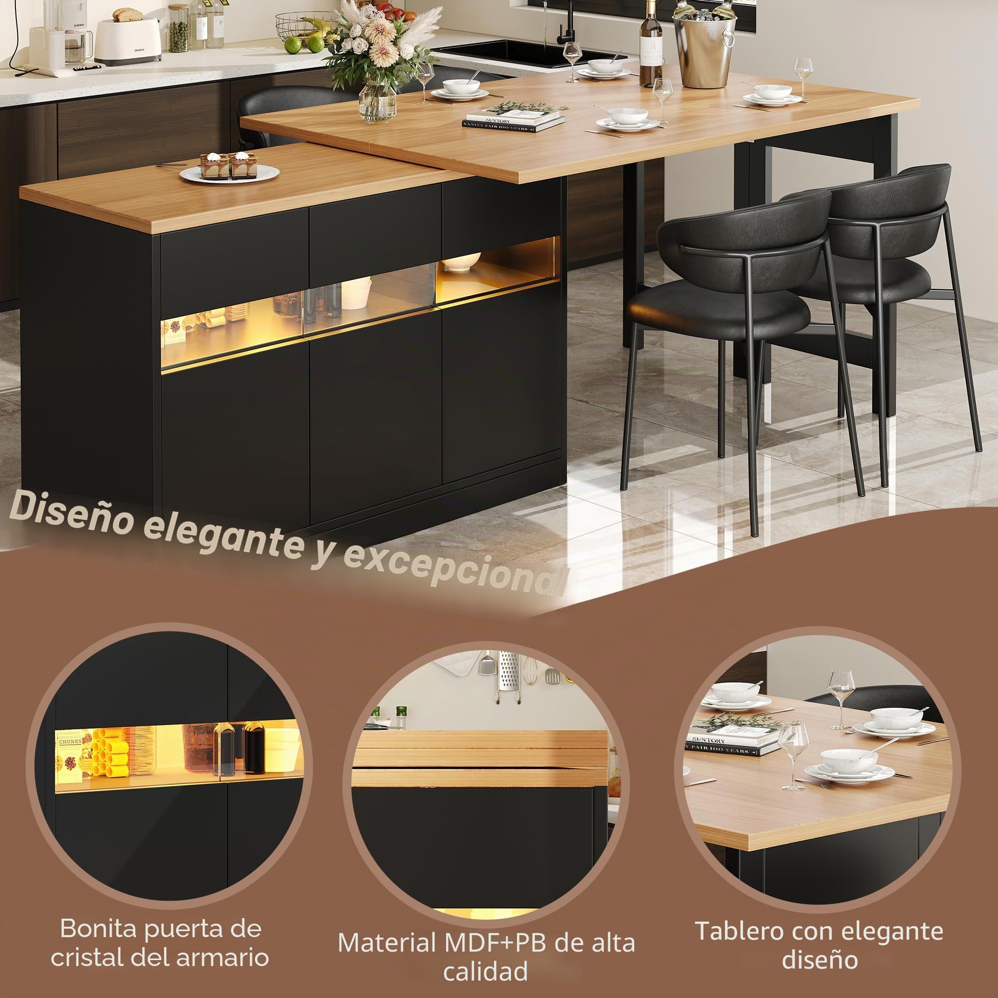 Mesa de bar extensible, mesa de bar con espacio de almacenamiento, mesa alta para isla de cocina, mesa de comedor giratoria 360°, con iluminación LED, para sala de estar, comedor, 120-180