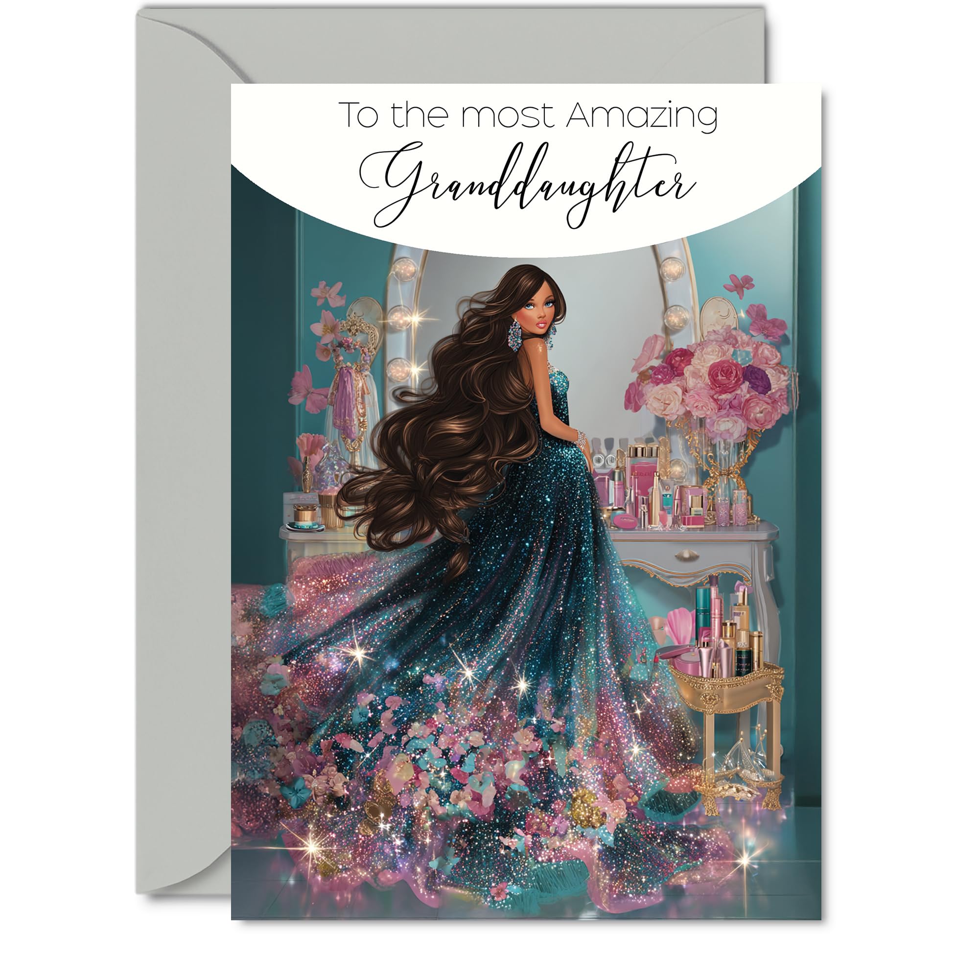 Granddaughter Birthday Card - Glamorous Beauty Fashion - Happy Birthday Card for Granddaughter from Grandad Grandma, 5x7 Inch Sparkly Dress Bday Greeting Cards