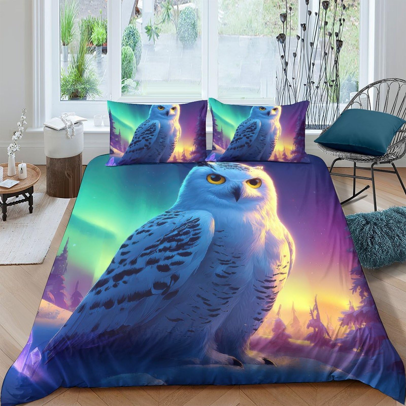 Ctjqhvkz Style-4 3D Printed Northern Lights Owl Fitted Sheet Microfiber Soft Bed Cover For Bedroom Dorm Mattress Decor Protection Single（135X200cm）