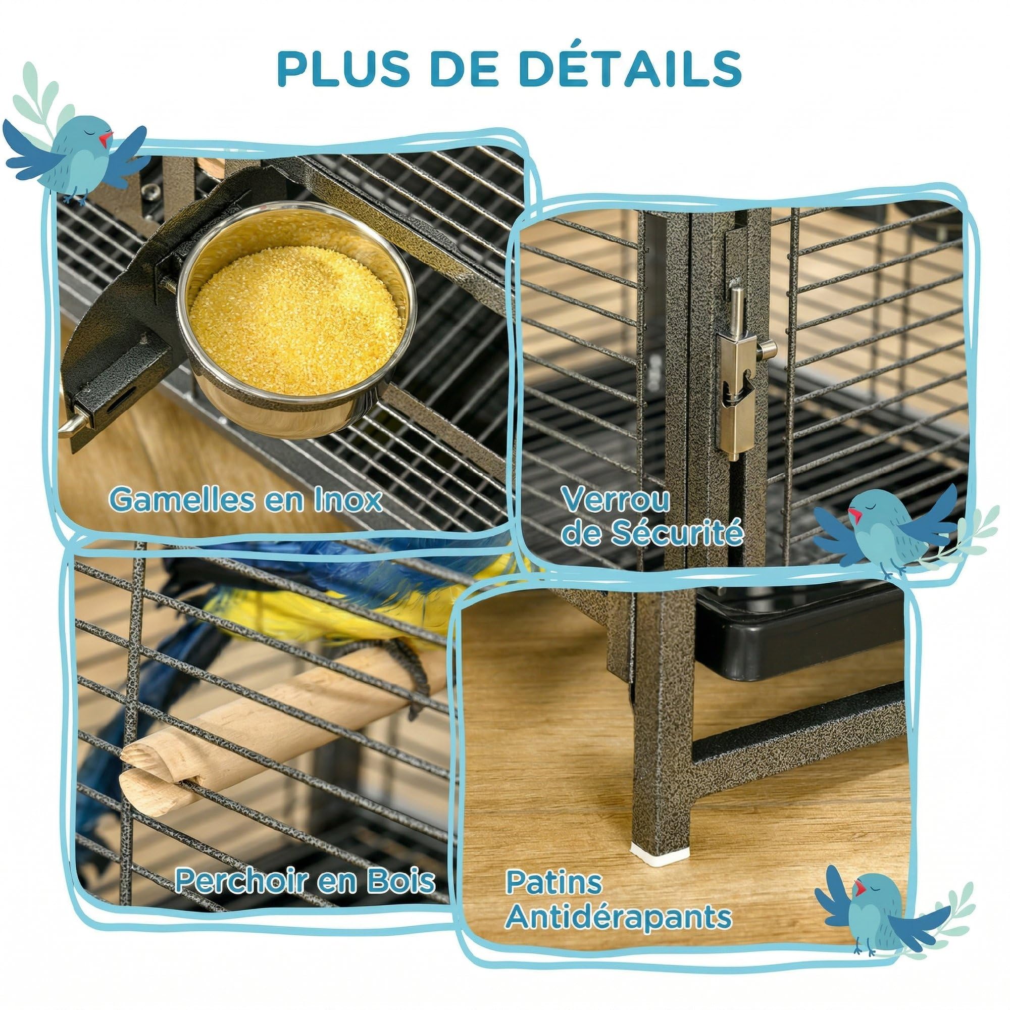 PawHut Cage de Transport en Acier pour Perroquets avec 2 Bols en Acier Inoxydable, 2 Perchoirs en Bois, Plateau Amovible, Noir