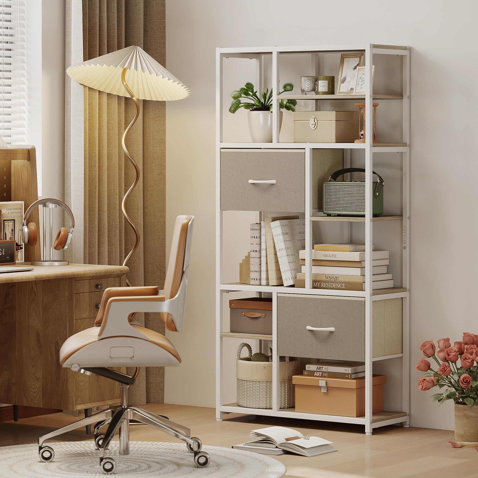 HOMCOM Mueble de almacenaje de 6 Niveles, librería con 2 cajones de Tela, 9 estantes Abiertos, Mueble de almacenaje con Estructura de Acero para salón, Estudio, Dormitorio, 72,5 x 30 x 150 cm,