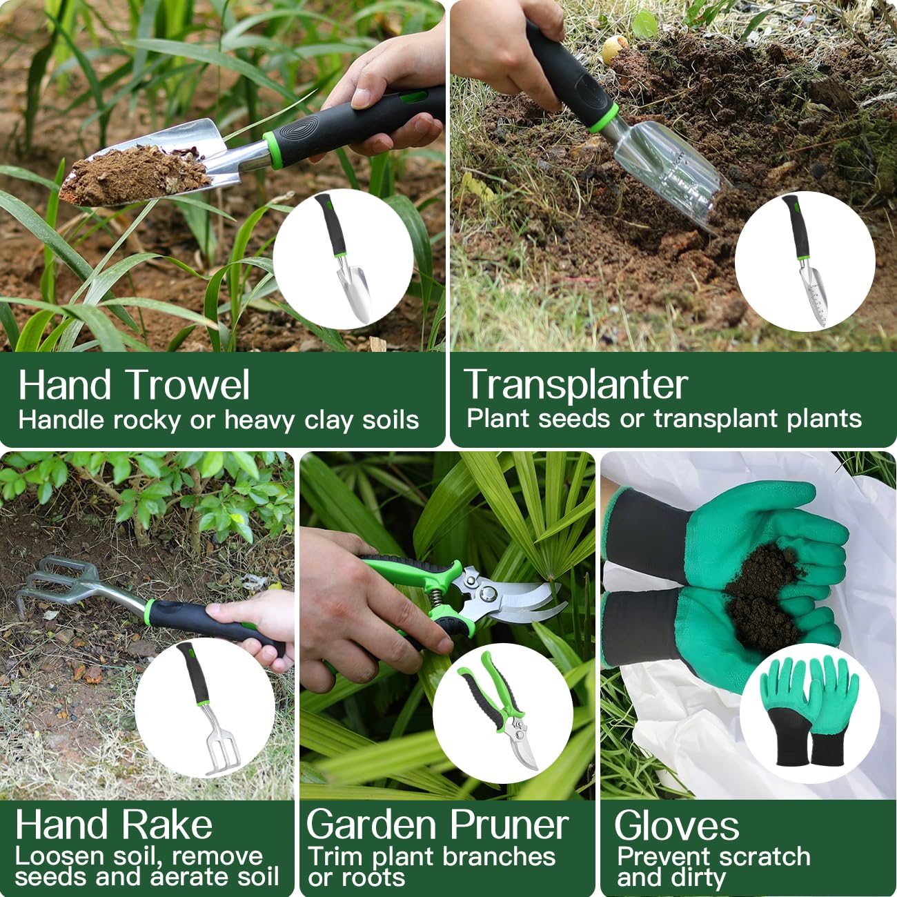 Housolution Juego de Herramientas de Jardín, 8 PCS, Kit de Herramientas de Mano de Jardinería, Suministros de Jardinería de Aleación de Aluminio Resistente con Mango, Bolsa de Almacenamiento, Verde