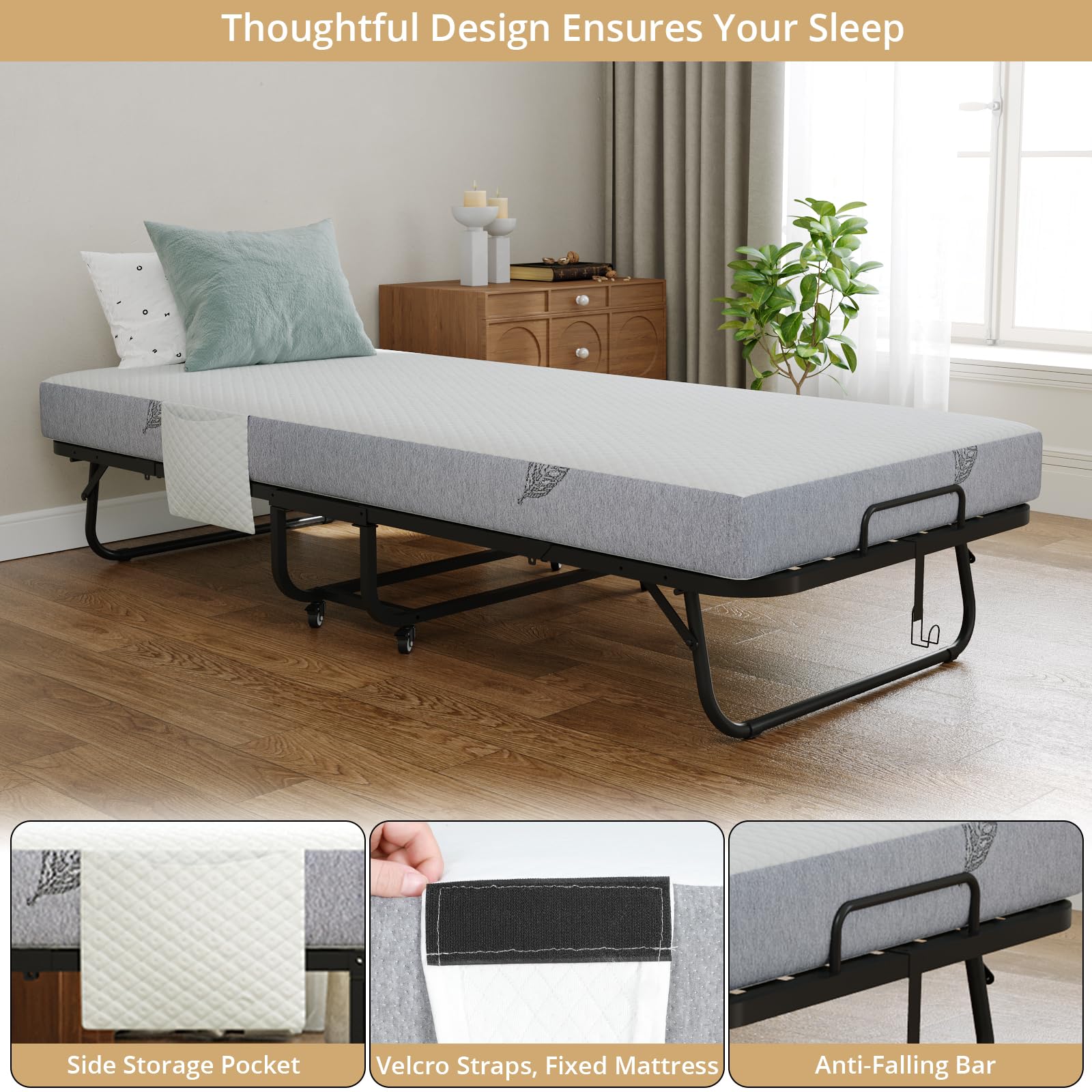VOWNER Lit Pliant 1 Personne 90 x 200 cm, lit d'appoint avec Matelas en Mousse Mémoire et Couverture de Poussière，Structure Robuste ET 4 Roues, Charge 200 kg