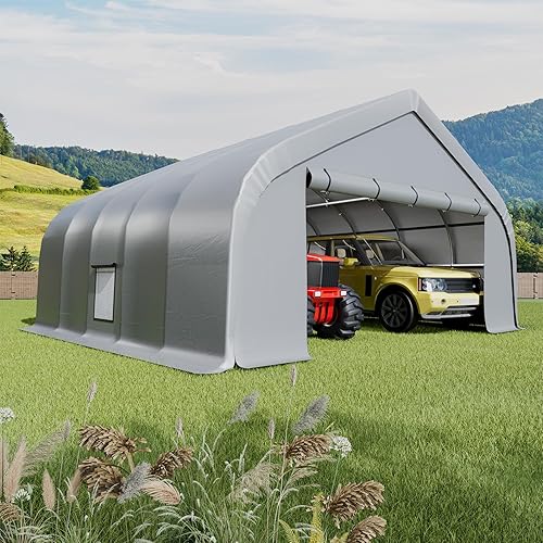 EROMMY 20x20 FT Heavy Duty Durable Carport, Silver Gray, Galvanized Steel Frame Garage Shelter and Outdoor Storage, Waterproof 3-Layer PE Cover, Fits 2 Cars, Boat, Farm Equipment