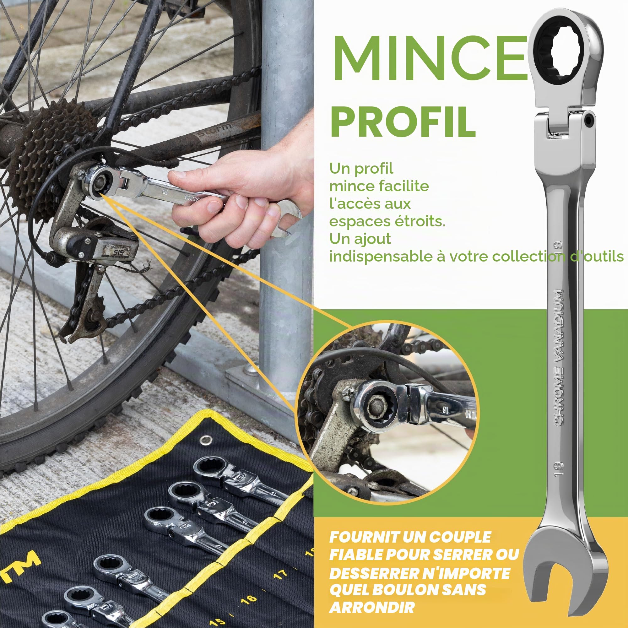 BLOSTM Jeu de clés à cliquet flexibles 8-19 mm | Tête flexible à 180°, pour bricolage et réparation - Avec pochette de rangement rétractable