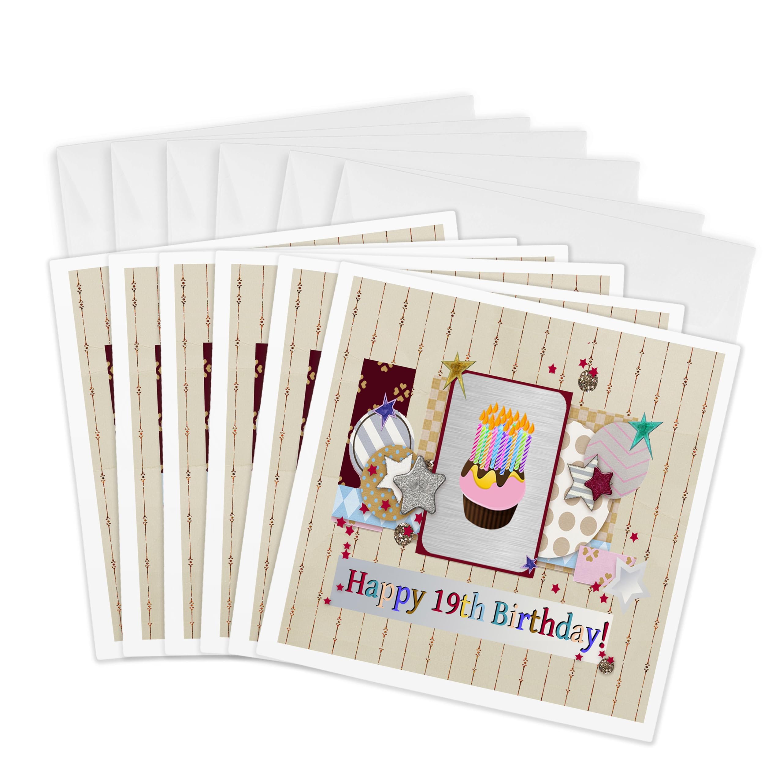 3dRose gc_243651_1 6 x 6-Inch "Collage of Stars, Cupcake, and Candle, Happy 19Th Birthday" Greeting Card (Pack of 6)