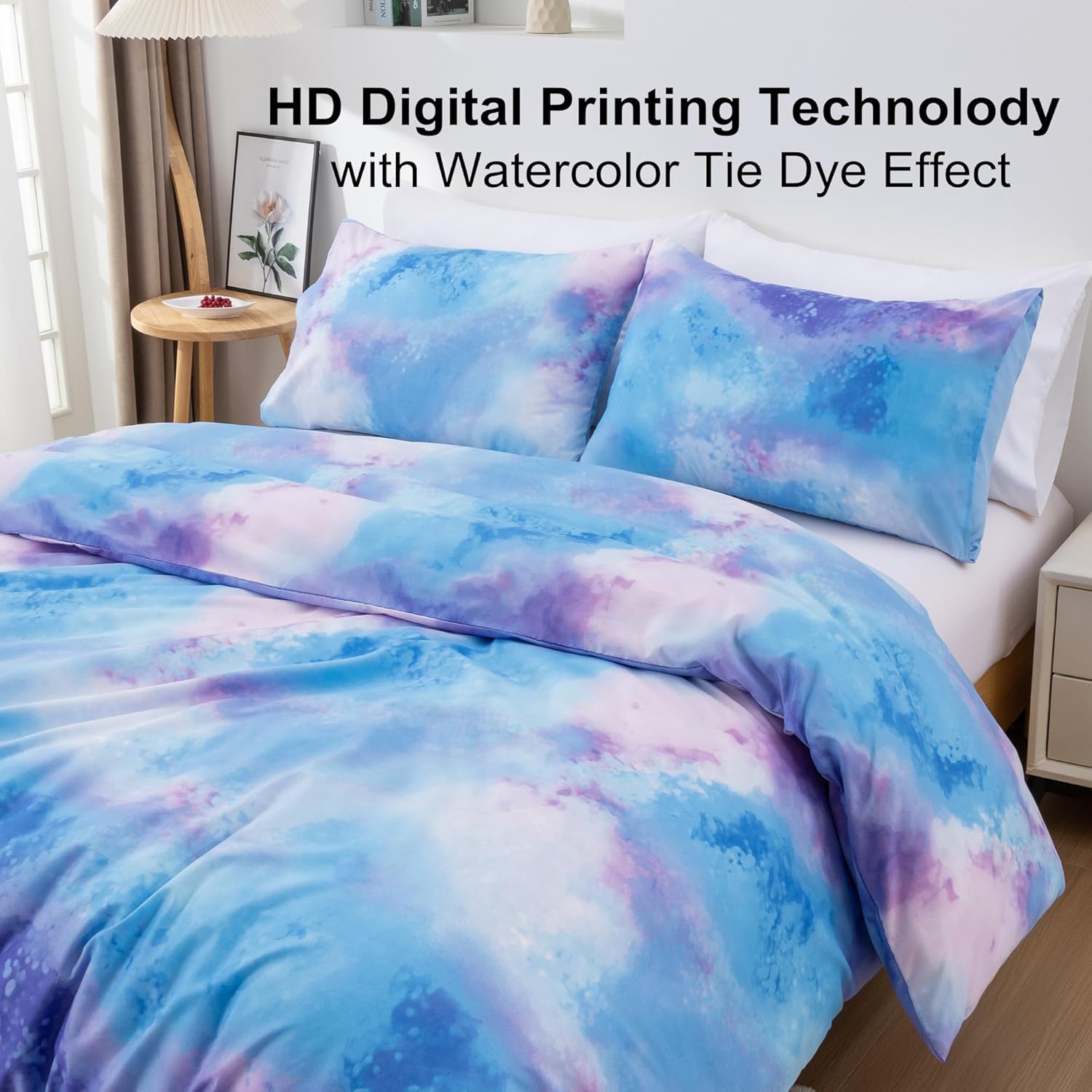 Purple Blue Twin Comforter Set, 3 Piece Tie Dye Comforter with 2 Pillowcases for Girls Boys Teens, Lightweight Microfiber Watercolor Twin Bedding Set, All Season Washable Easy Care