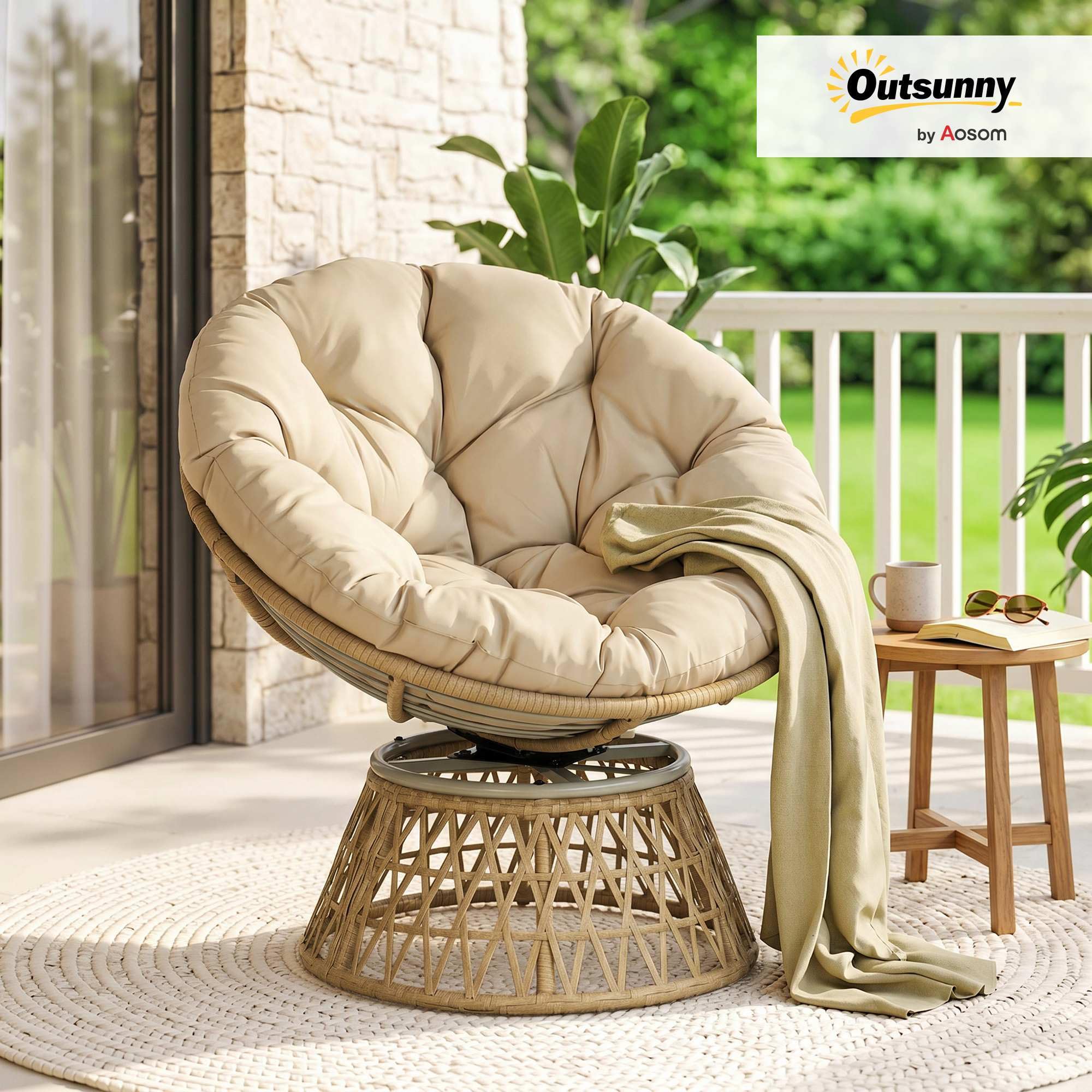 Outsunny Sillón Papasan Giratorio 360° de Ratán Sintético, Silla Redonda de Mimbre PE con Cojín y Marco de Acero, Resistente a Intemperie, Carga 120 kg, para Jardín, Terraza, 85x70x82 cm, Amarillo