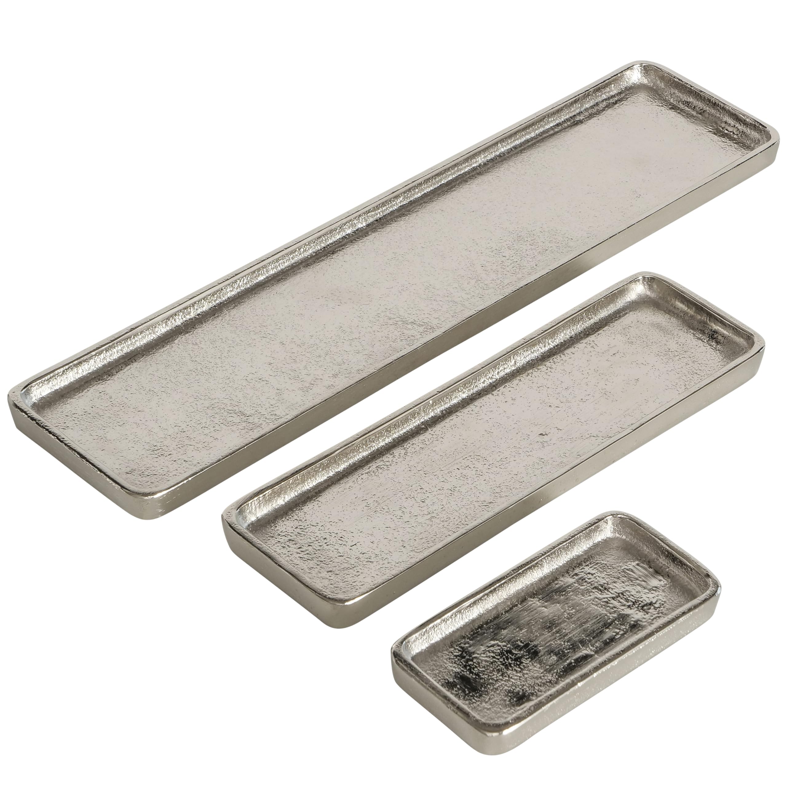 Grand Hotel Silver Vanity Tank Trays, Set of 3, Hand Cast Aluminum, Rectangle, 15, 9 and 5 Inches