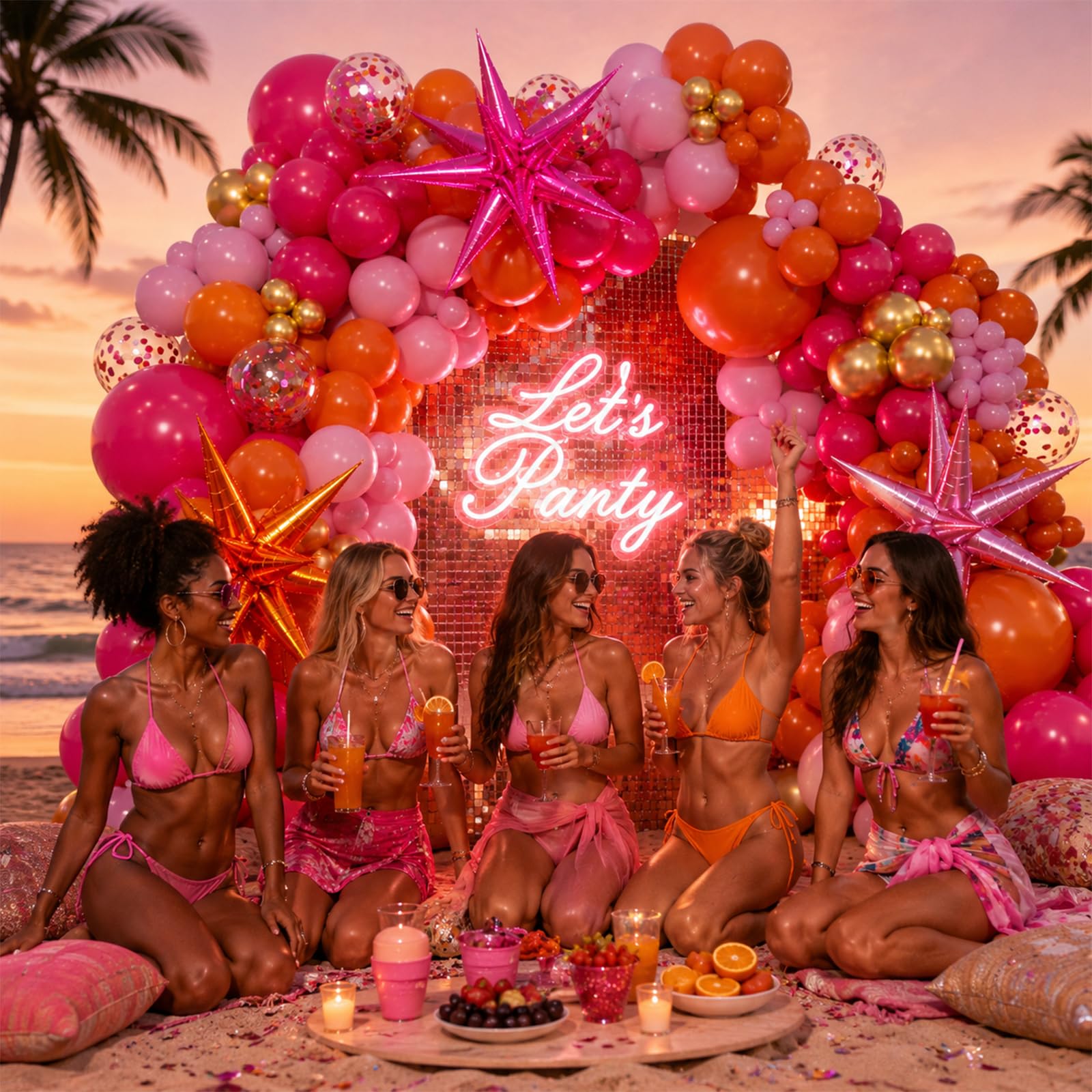 Kit de arco de globos rosa y naranja con confeti dorado metálico, globos rosa intenso y naranja para decoraciones de fiesta de cumpleaños de graduación