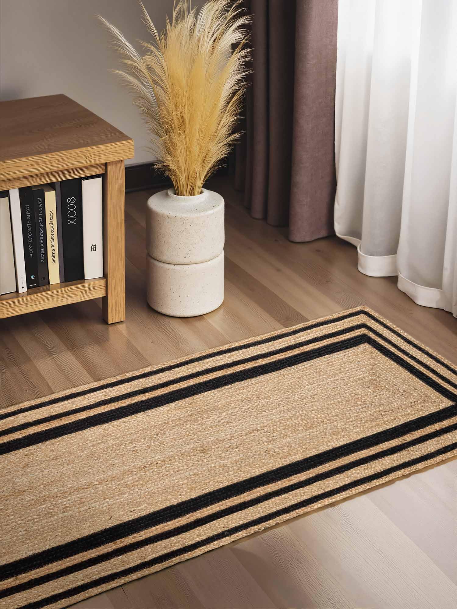 Hanse Home Looma - Jute Teppich, Natürlich & Handgemacht, Naturteppich Robust mit Bordüre, Boho Look Wohnzimmerteppich für Wohnzimmer, Schlafzimmer, Esszimmer, Flur - Natur Gold Schwarz, 70x200 cm