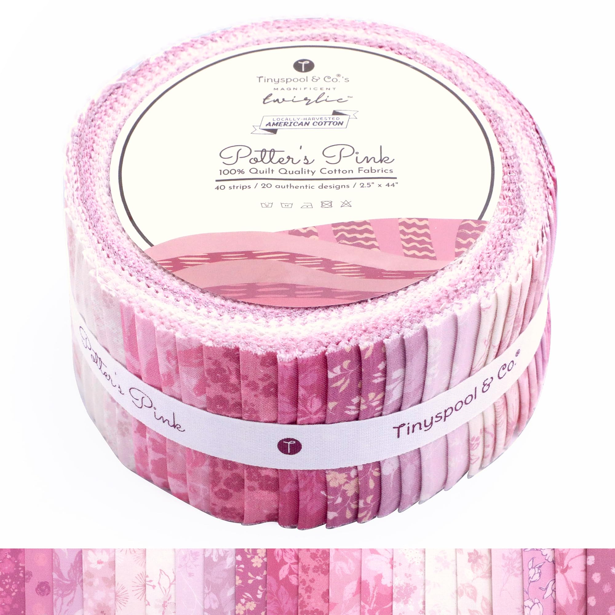 Tinyspool &amp; Co.'s Twirlie Roll 40 Precut Quilting Fabric Strips for Quilting Supplies, Crafting, Sewing, Soft Cotton Strip for Blanket, Rug, Upholstery, Home Decor, and Purse Making, Potter’s Pink