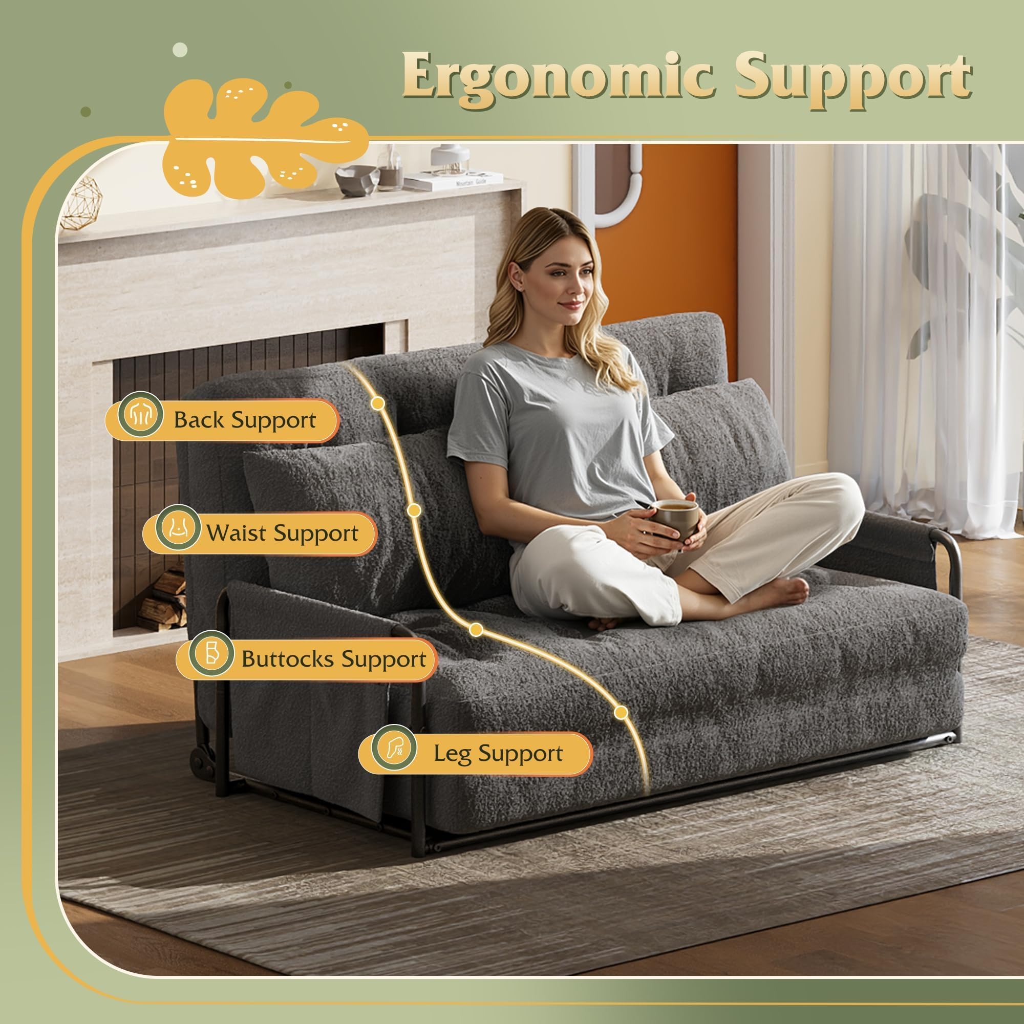 WLIVE Futon Sofa Bed, Floor Chair with Adjustable Backrest, Bean Bag Bed for Adults, with Armrest, Pillow, Low Profile for Living Room, Reading, Bedroom, Loveseat, Grey