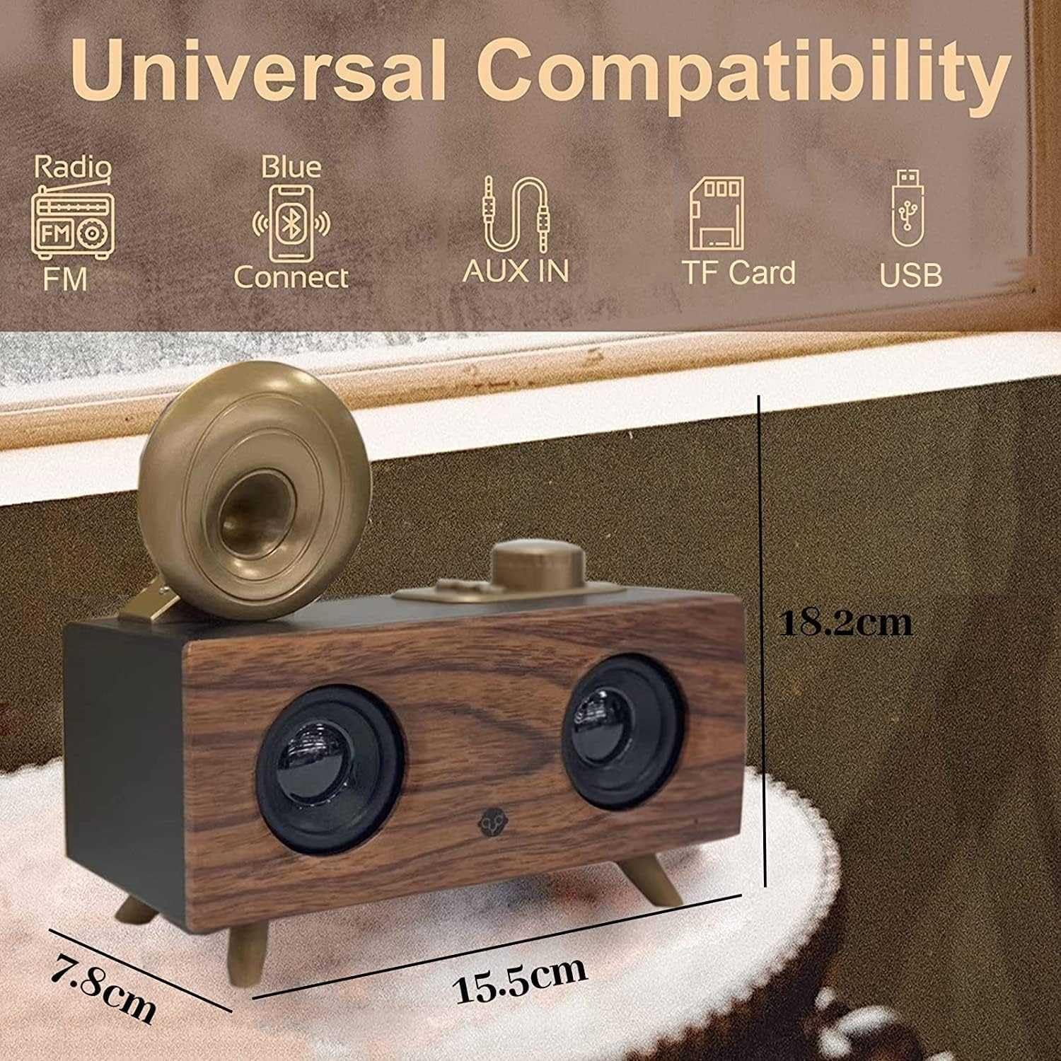 Drewniany głośnik retro radio Bluetooth – wciągający dźwięk, subwoofer FM, karta AUX/TF / USB, przenośne kreatywne odtwarzanie muzyki.