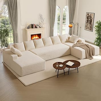 U-Shaped Modular Cloud Couch 3 Seater   Convertible to L-Shape Boneless Design Sofa Couch with High-Density Foam, Soft Corduroy Upholstery for Small Living Room, Beige