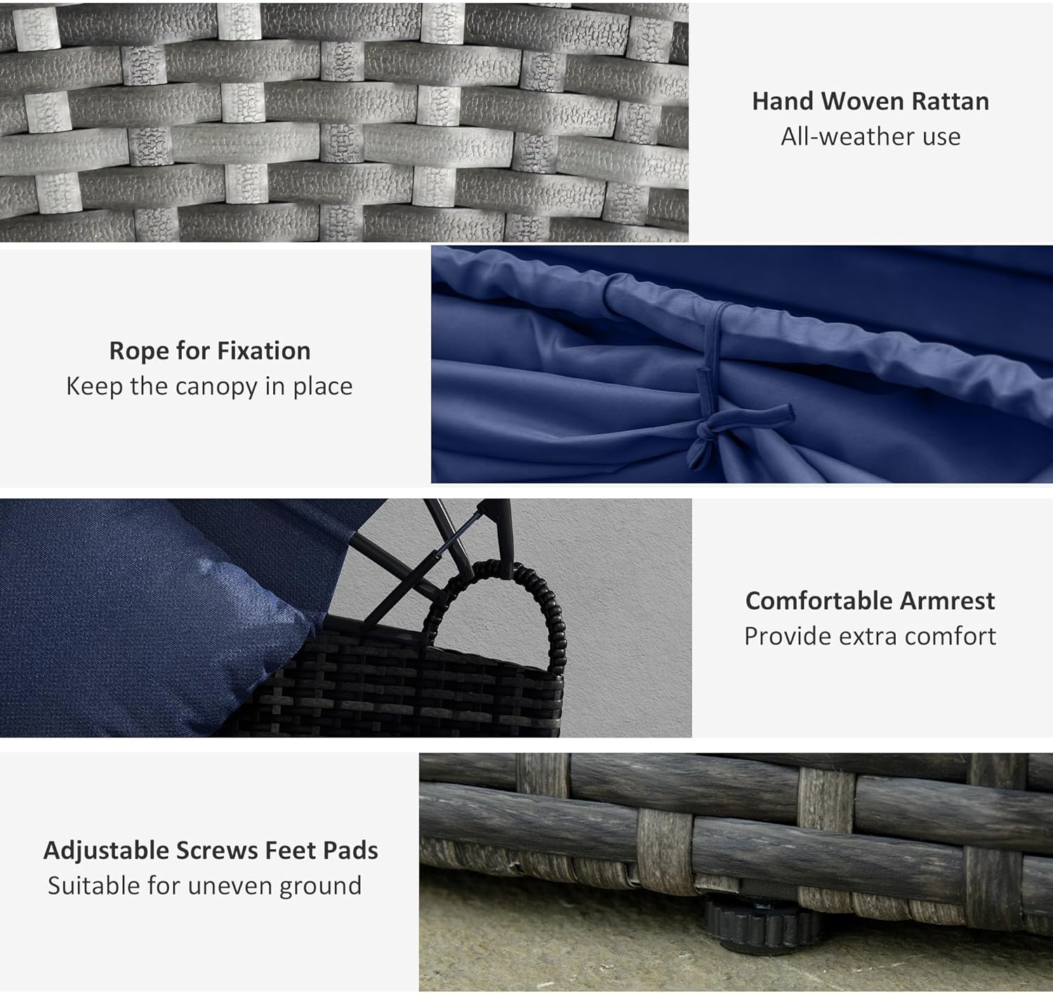 Outsunny 4-Piece Round Convertible Daybed with Cushions, Outdoor PE Rattan Patio Wicker Sofa Set, Sunbed with Adjustable Sun Canopy, Sectional Sofa, 2 Chairs, Table, 3 Pillows, Dark Blue