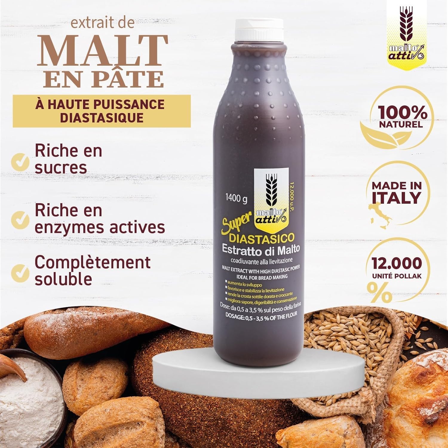 Malto Attivo, Super Diastasico 1400g, Extrait de Malt à Haut Pouvoir Diastasique, Malt d'Orge et Mais idèal pour la Panification, 12.000 Unitées Pollak, Fabriqué en Italie