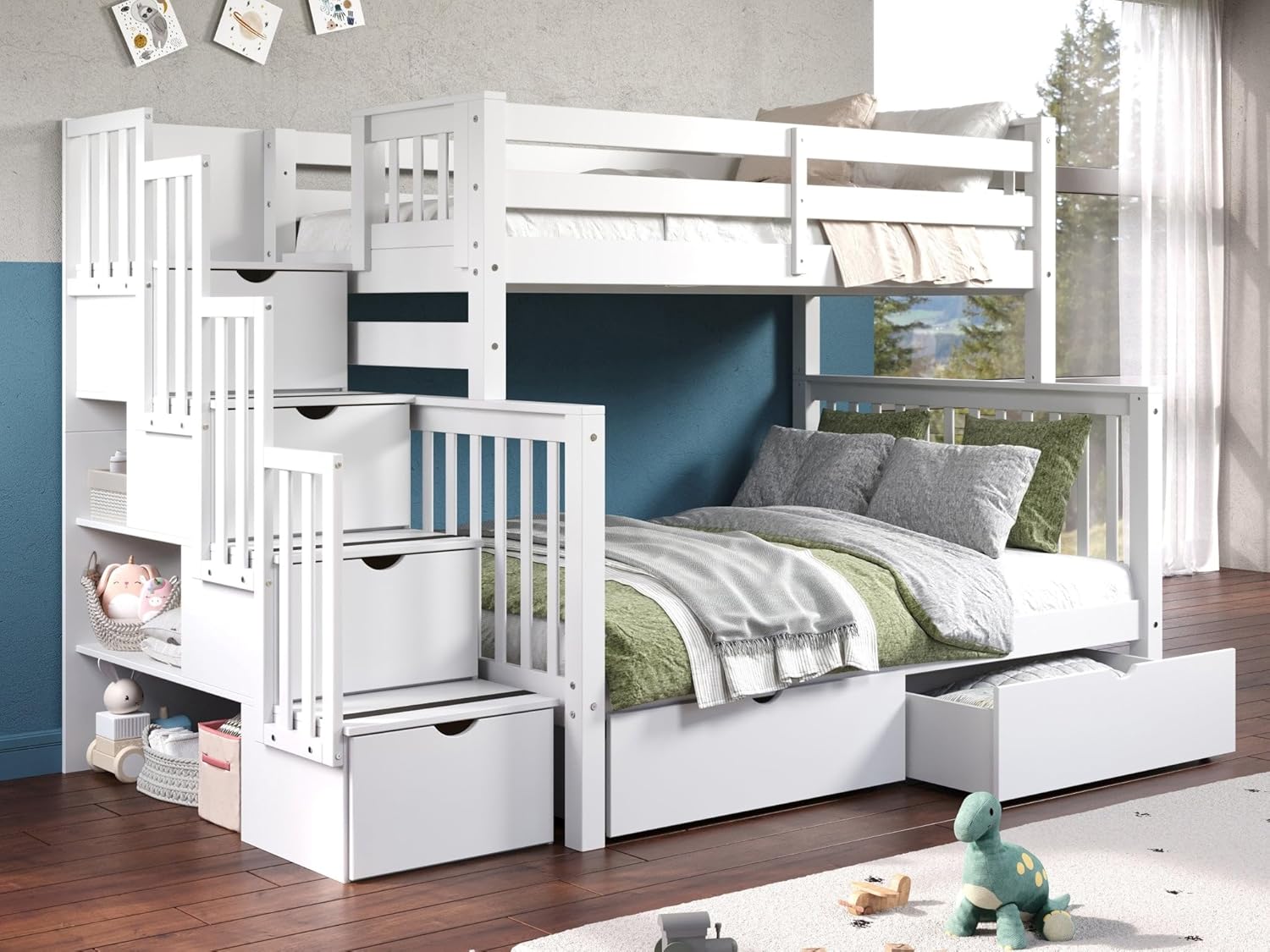 Bedz King Stairway Bunk Beds Twin over Full with 4 Drawers in the Steps