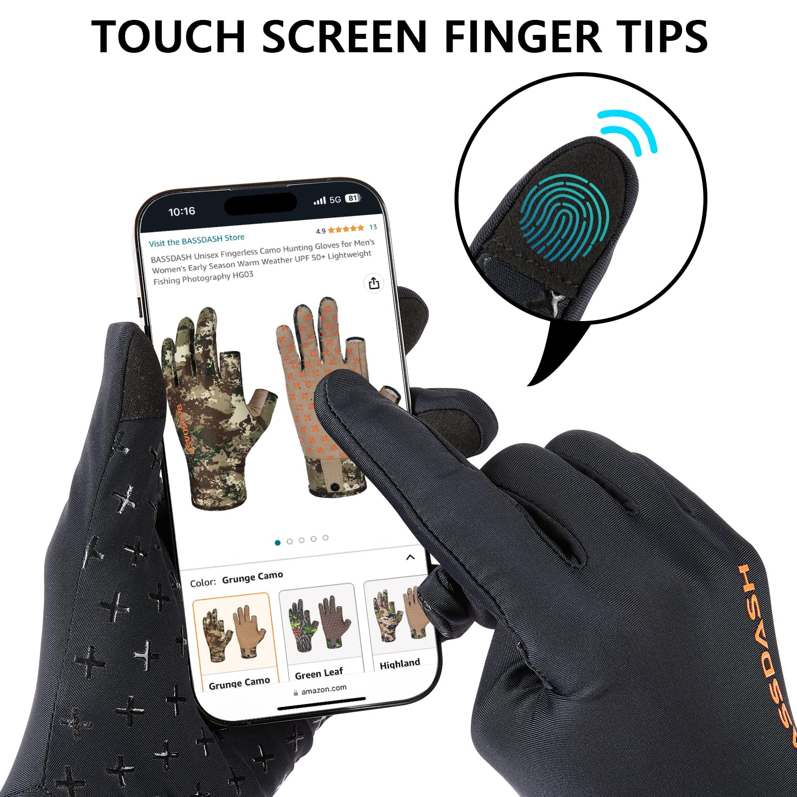 BASSDASH Guantes de caza de camuflaje para hombre, UPF 50+, ligeros, para pantalla táctil, para clima cálido, pesca, senderismo, actividades al aire libre HG01M (negro, L)