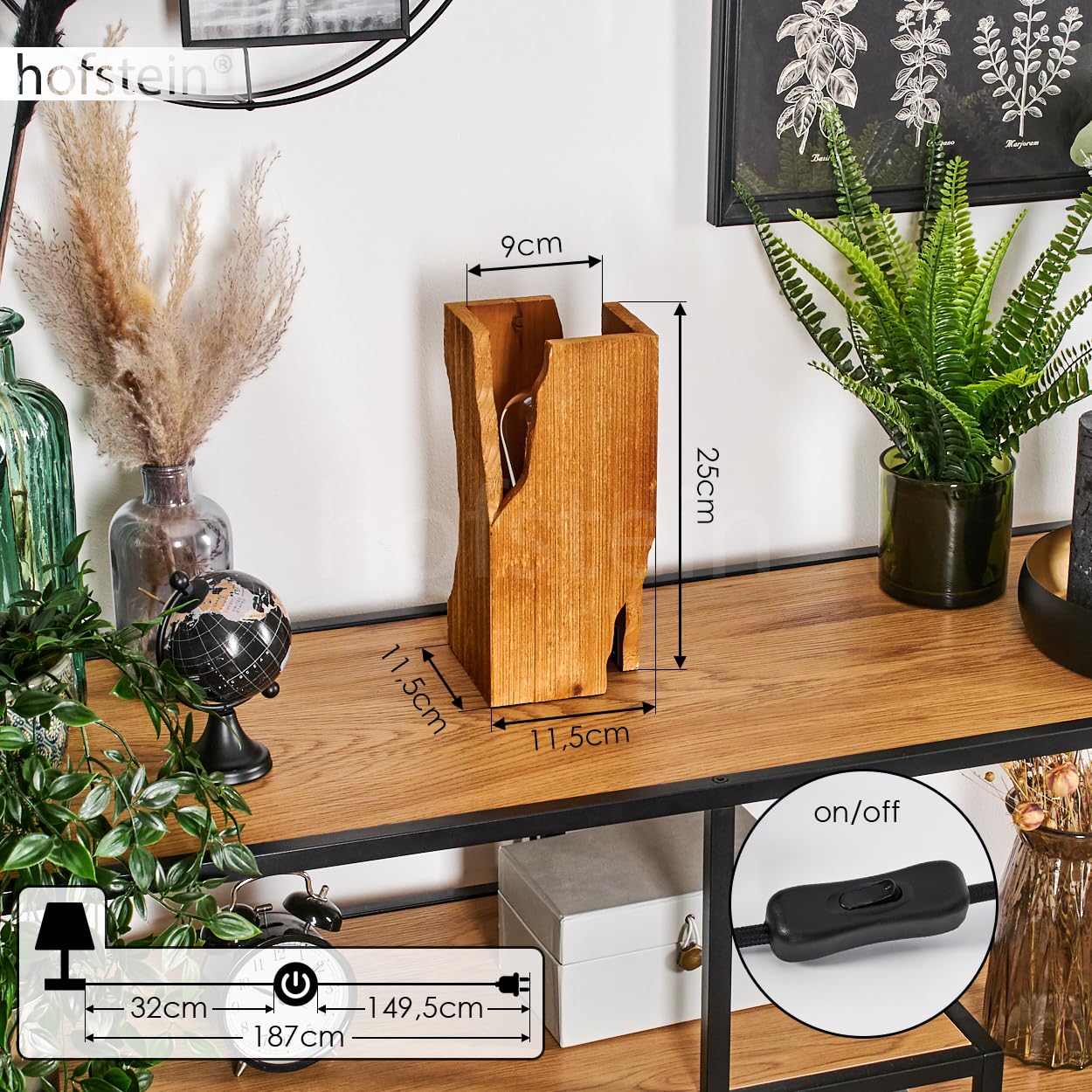 Tischleuchte Sernadelo, Tischlampe aus Metall/Holz in Schwarz/Naturfarben, Leseleuchte im Boho-Design mit Schirm aus Holz und An-/ Ausschalter am Kabel, Höhe 25 cm, 1 x E27, ohne Leuchtmittel