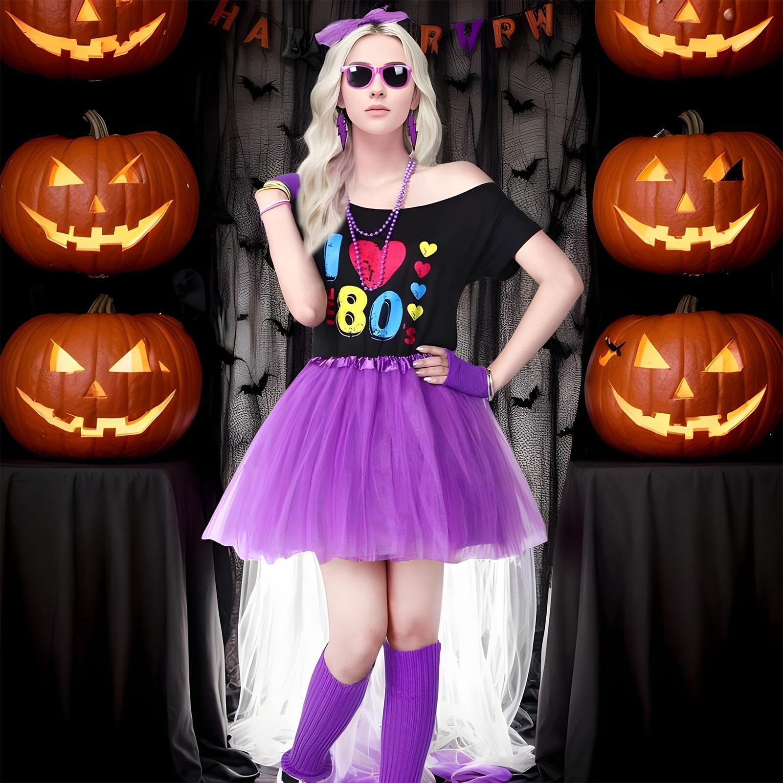 Costumes genéricos de los años 80 para mujer, trajes de los años 80 para mujer, camiseta falda tutu, top con hombros descubiertos, disfraz de cosplay 1980, pulseras collar diadema