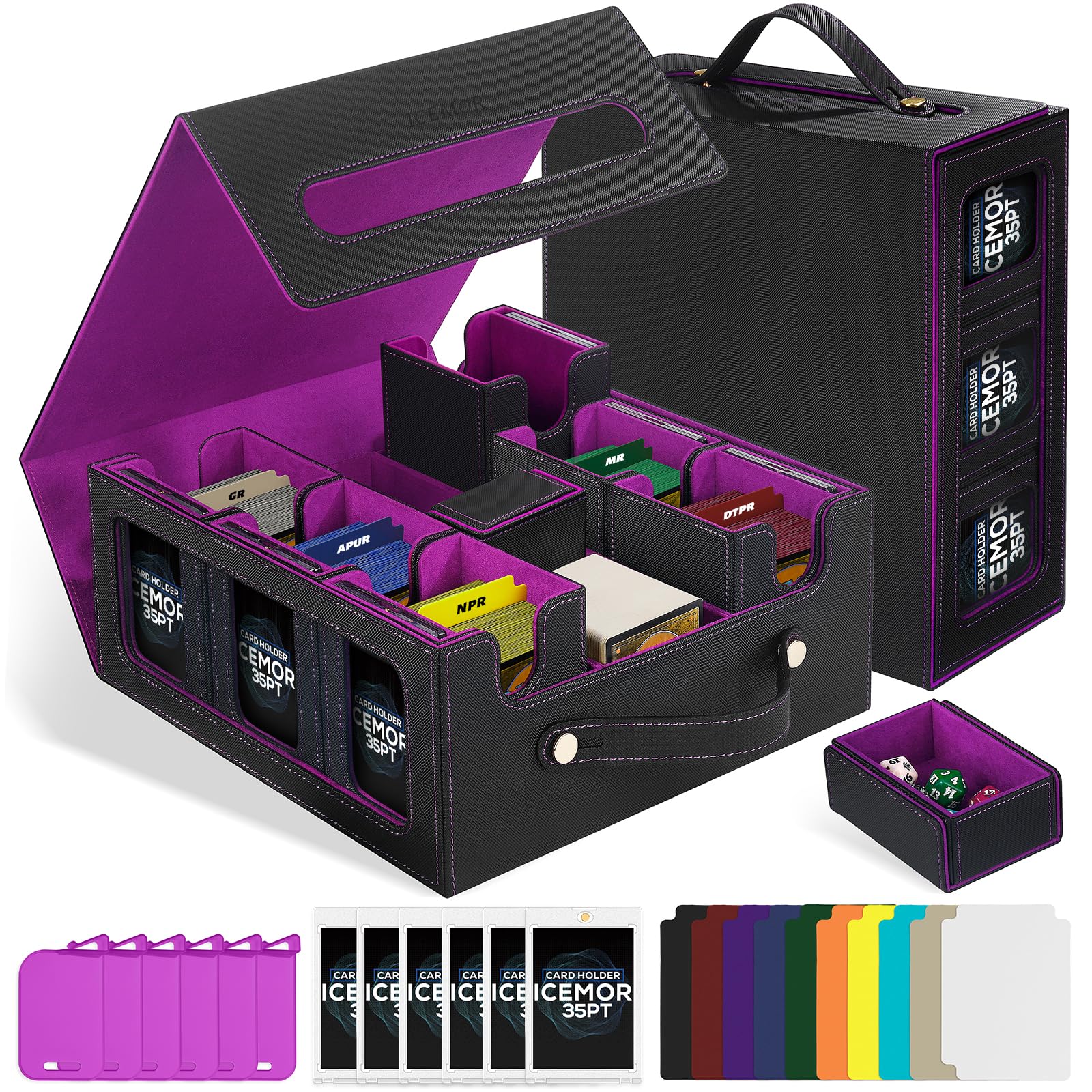 ICEMOR Trading Card Storage Box with Handle,Commander Deck Box for MTG&TCG,7 in 1 MTG Deck Box with 6 Toploaders, 6 Stoppers, 10 Colorful Dividers.(Black & Purple,7 IN 1)