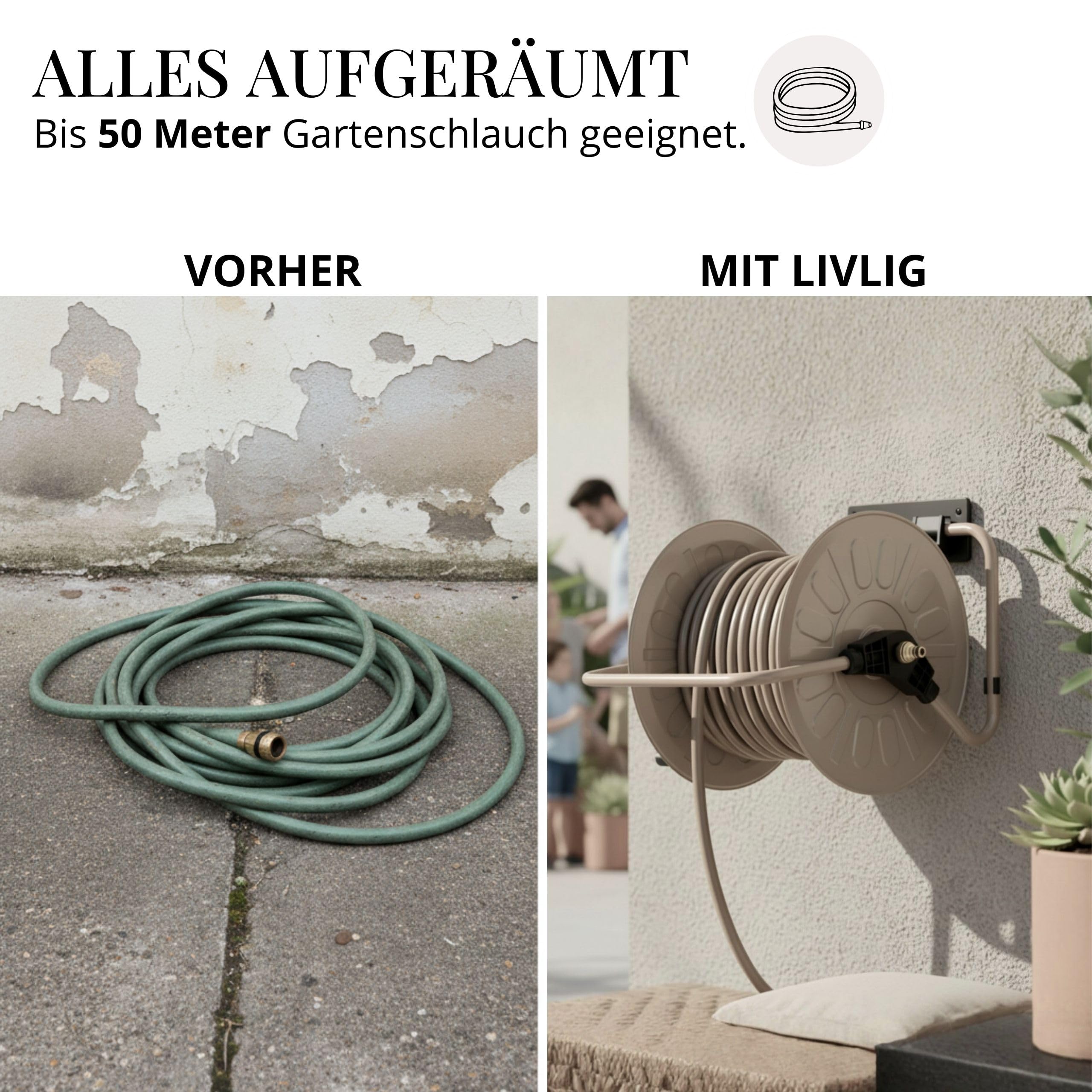 LIVLIG Schlauchtrommel Metall, Schlauchtrommel 50m Gartenschlauch, pulverbeschichtete Gartenschlauch Trommel, Wandmontage & Bodenbetrieb, Made in Italy, Sand