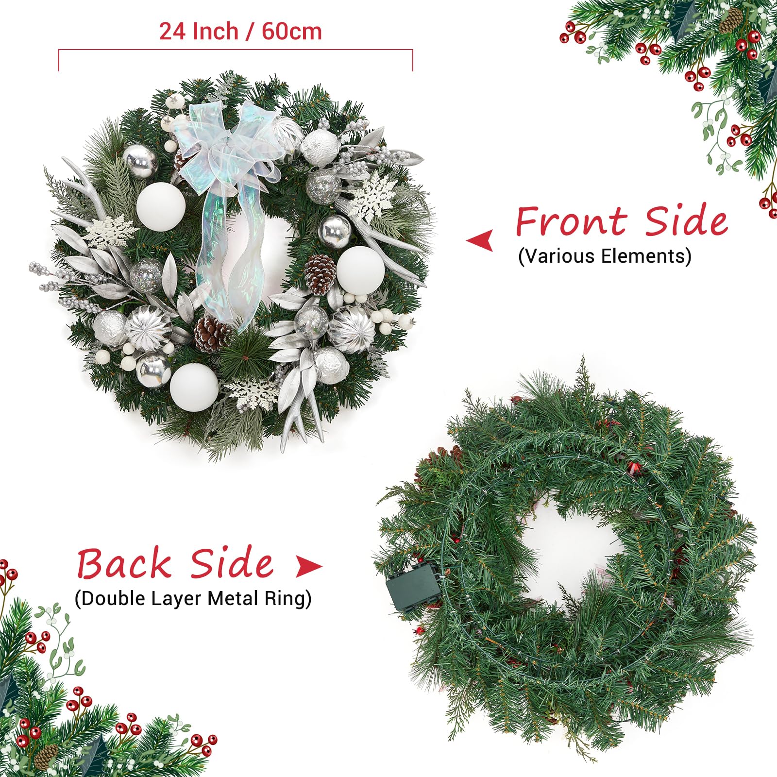 Couronne de Noël pré-éclairée pour Porte d'entrée, 61 cm, Couronne de Noël Lumineuse avec 20 lumières LED à Piles, décoration de Vacances pour Mur extérieur, cheminée