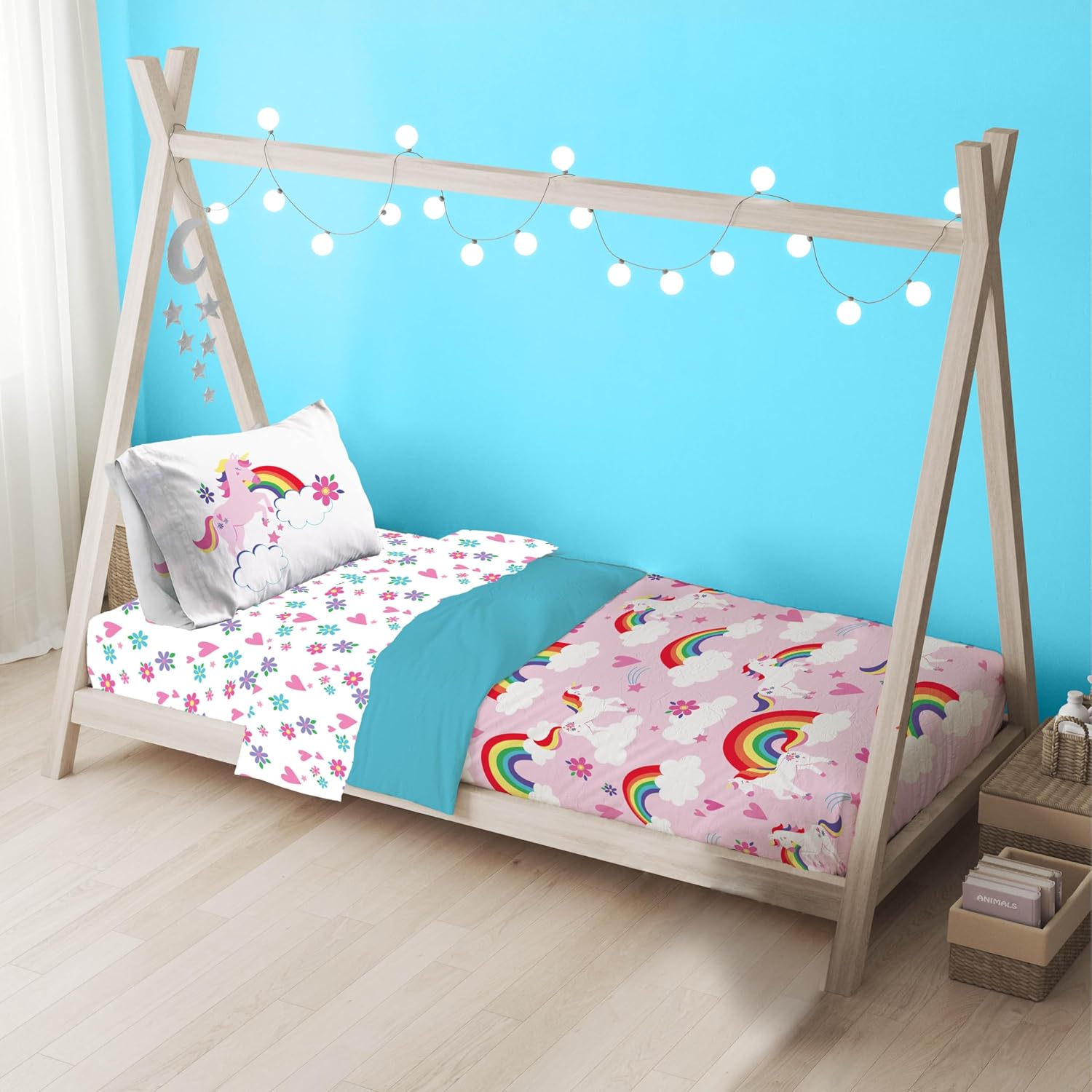 Sunny Side Up Rainbow Unicorns Toddler Comforter Set - 4 Piece Preschool Bedding Includes Comforter, Sheets & Pillow Cover - Super Soft Pink Floral Microfiber Bed Set