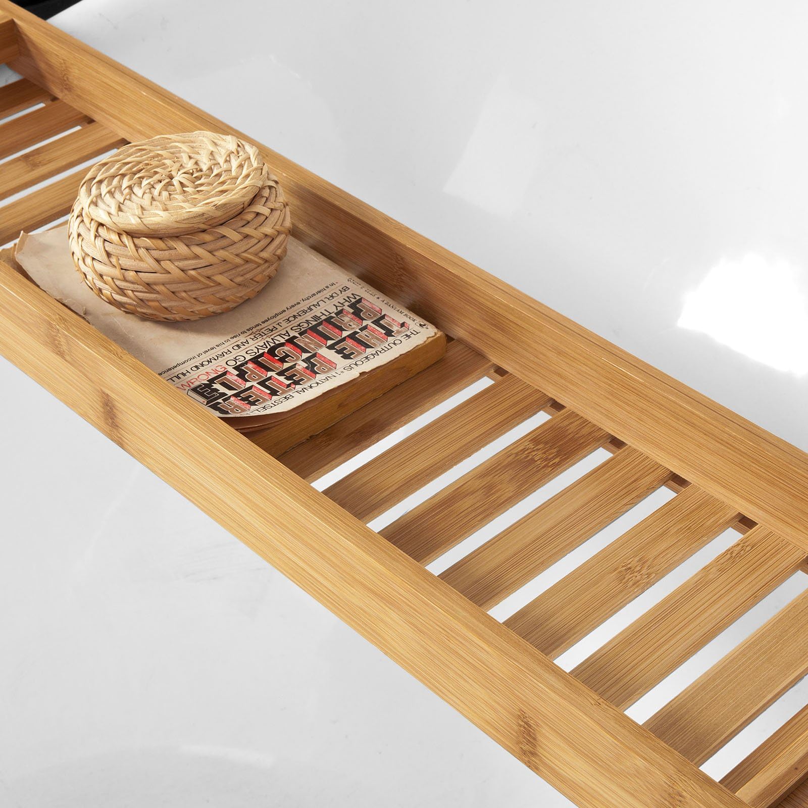 SoBuy Plateau de Baignoire en Bambou 80 cm – Pont de Baignoire en Bois – Extra Long & Vernis pour Grandes Baignoires, Support Verre de Vin & Emplacement Bougie FRG212-N