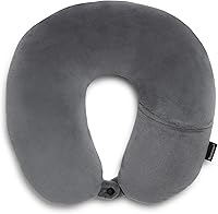 Brookstone Microbead Travel Neck Pillow - Lightweight Plush U-Shape with Phone Headphone Pocket, Dark Grey