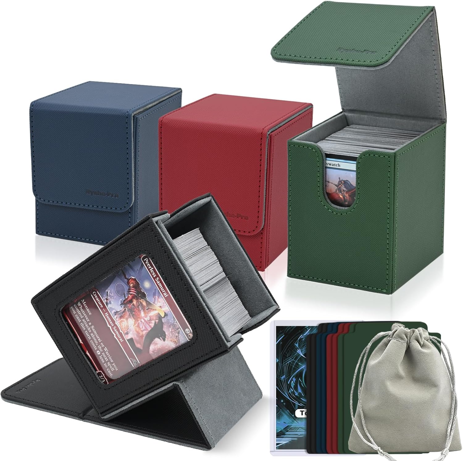 4 Pack MTG Card Deck Box, 1 Card Box with Display + 3 Commander Deck Box Fits 400+ Double-Sleeved Cards, Magnetic Closure Storage Box with 8 Dividers, 1 Dice Bag & 35PT Toploader for Sports Game Cards