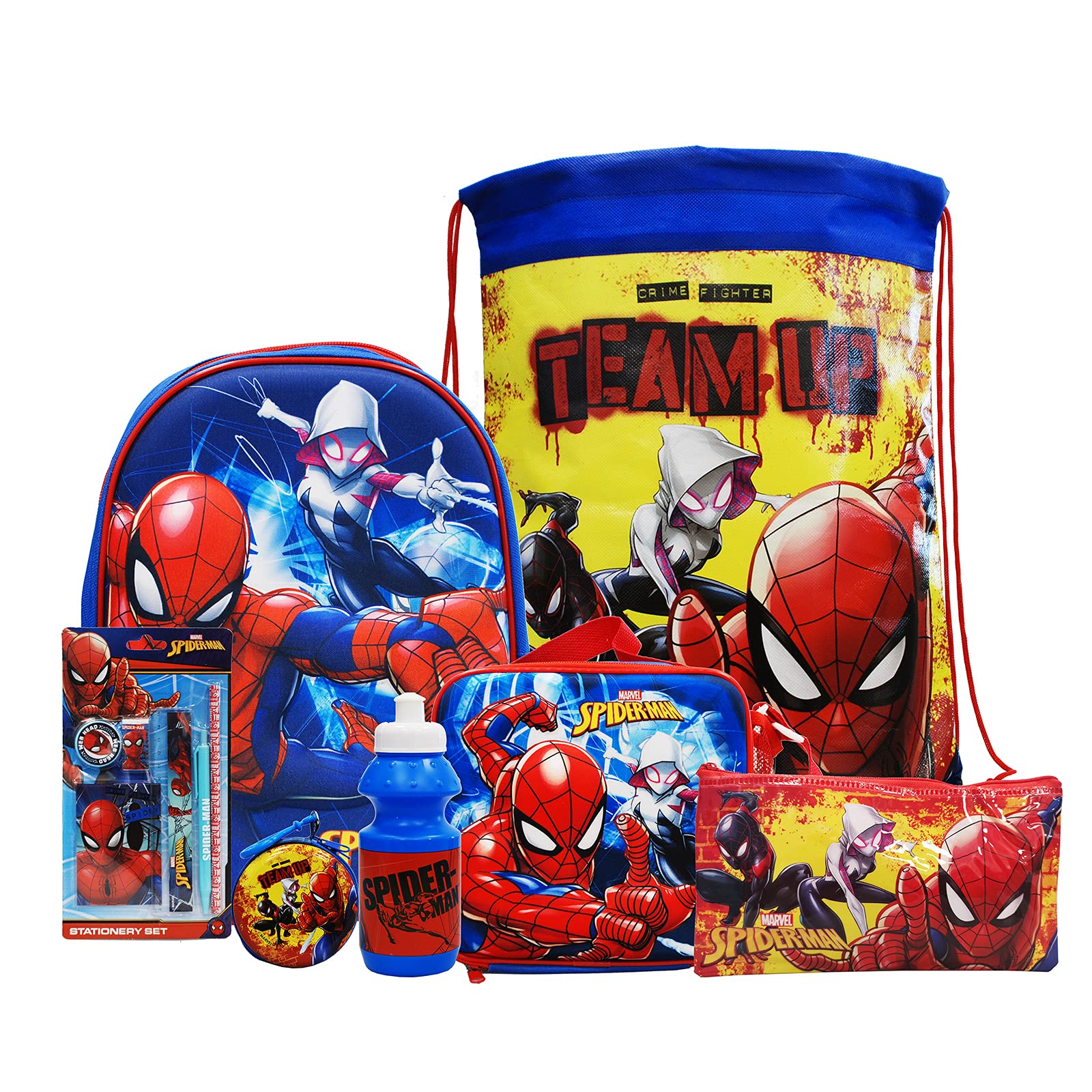 simpahomeSpider-Man 7PC Back to School Bundle - inc 3D Backpack, Drawstring Sports Bag, 3D Insulated Lunch Bag, Water Bottle, Coin Pouch, Pencil Case & Stationery Set.
