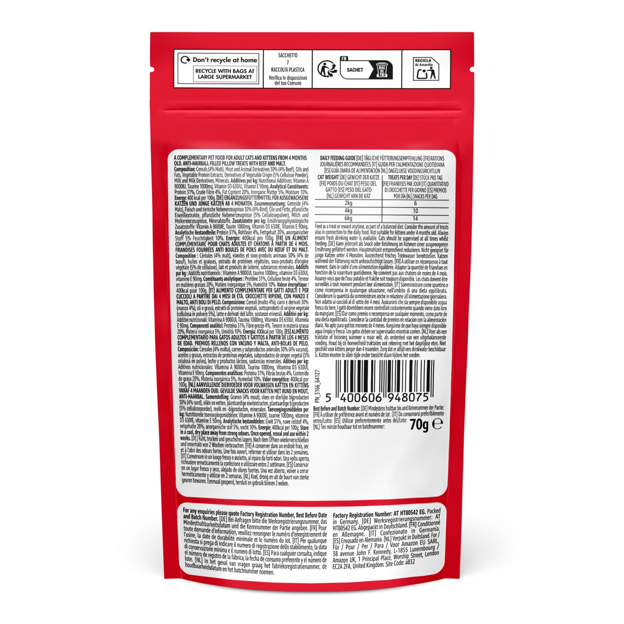 by Amazon - Chucherías para gatos - Bocados crujientes y cremosos, combaten bolas de pelo, con ternera y malta, 70 g