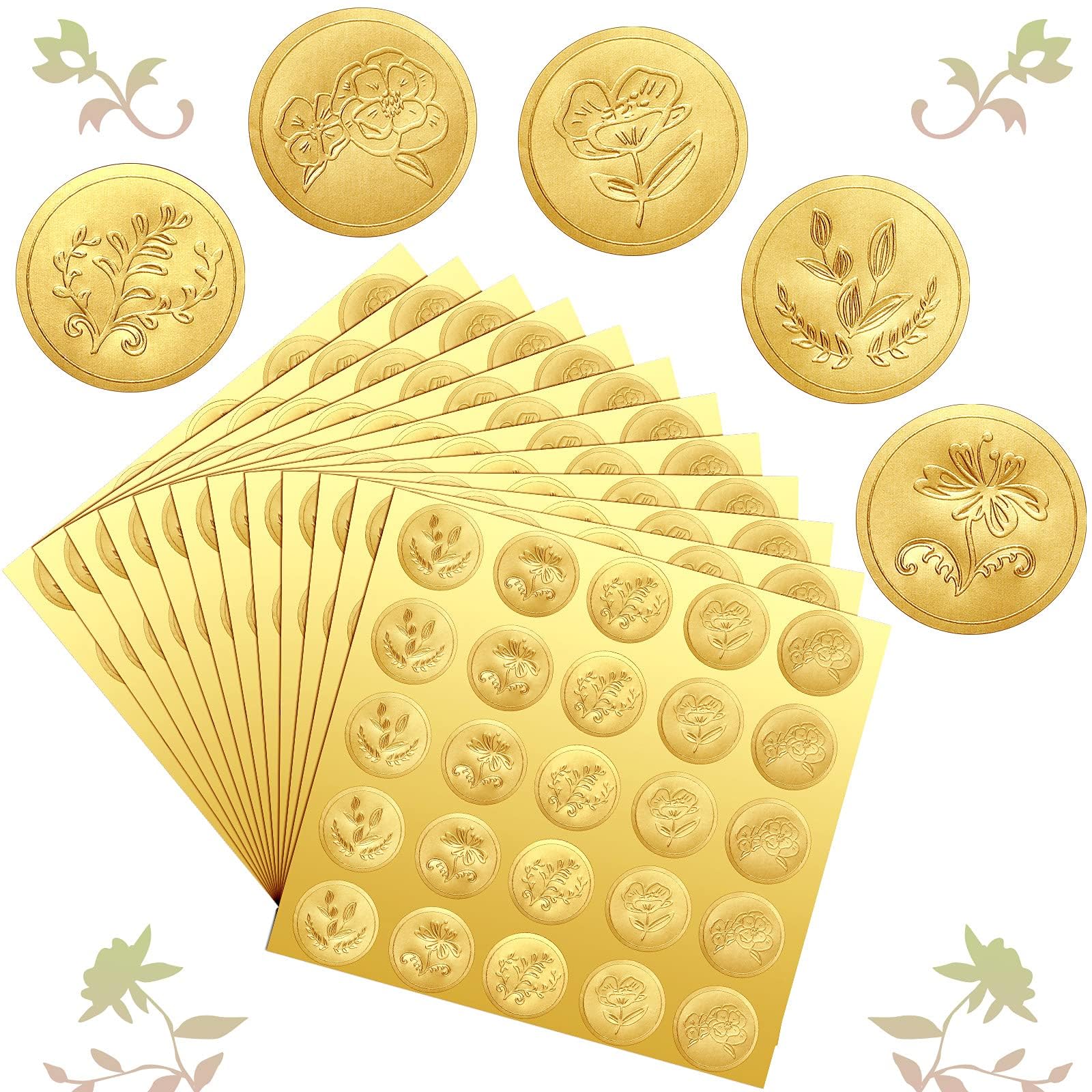 Dzxin Envelope Seal Stickers, 250 Pieces Gold Embossed Envelope Seals Stickers Adhesive Seal Stickers Vintage Embossed Labels for Wedding Invitations Envelopes, 5 Patterns(Flower Style)