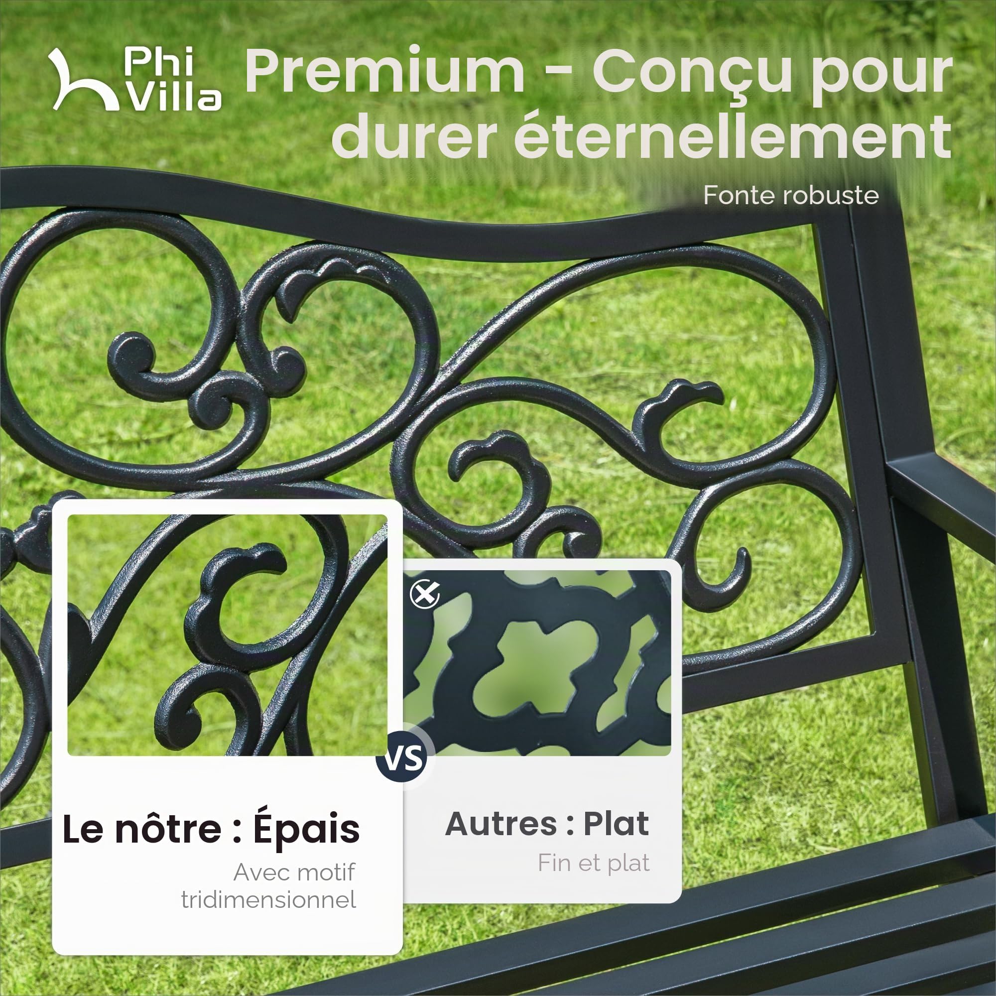 PHI VILLA Banc de jardin résistant aux intempéries en métal fonte avec cadre en acier - 2 à 3 places - Avec dossier à design floral - Pour parc, jardin et terrasse