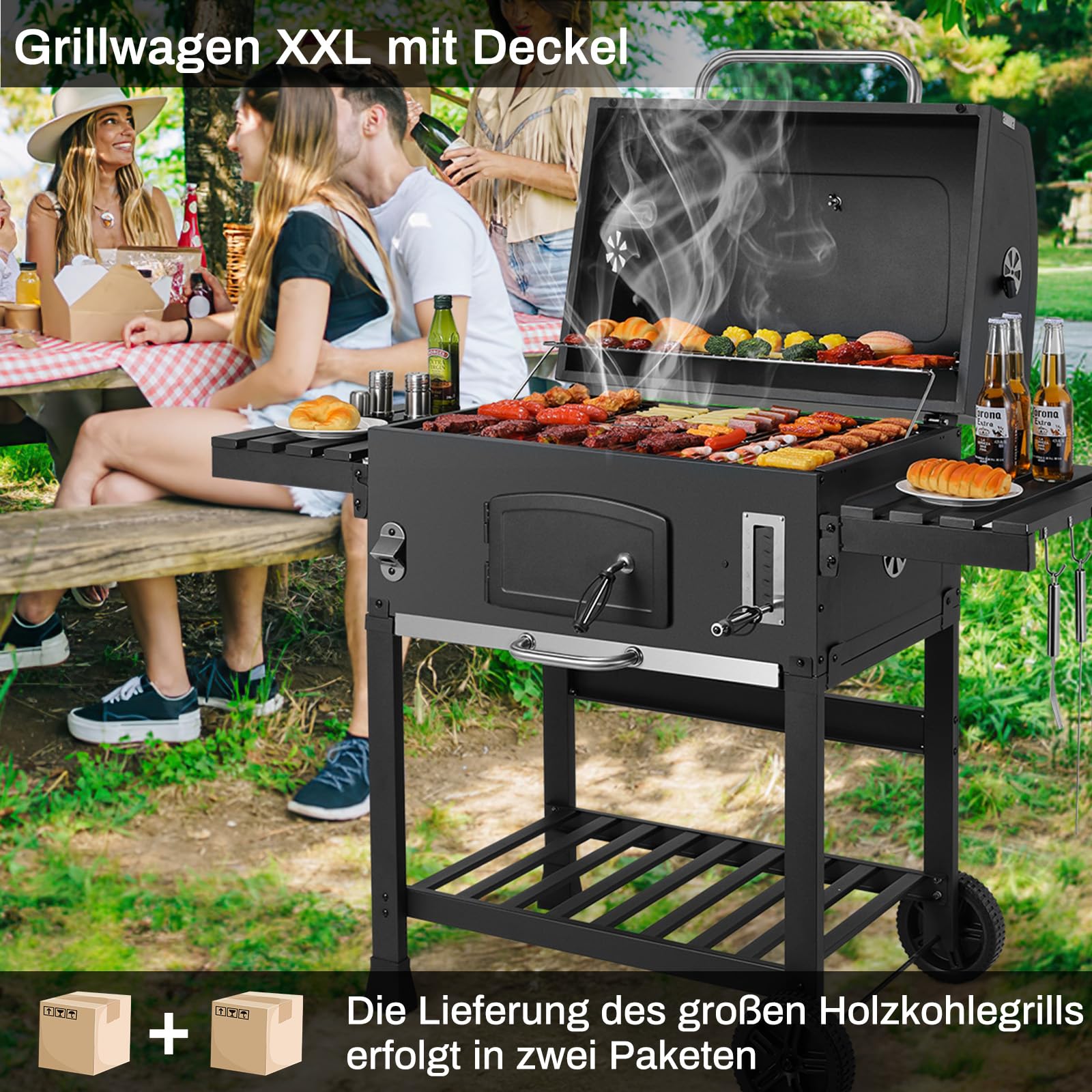 LIFERUN Parrilla Barbacoa Carbon con Tapa, XXL BBQ Smoker, Parrilla con Carrito, con 2PCS Ruedas, Termómetro, Barbacoa de Carbon para Camping y Jardín, 138x155x61 cm